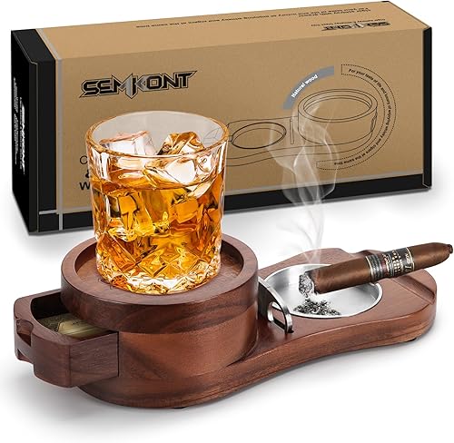 SEMKONT Cenicero de puros, posavasos de madera, bandeja de vidrio para whisky, cenicero decorativo de escritorio con cajón, ranura para cortador de