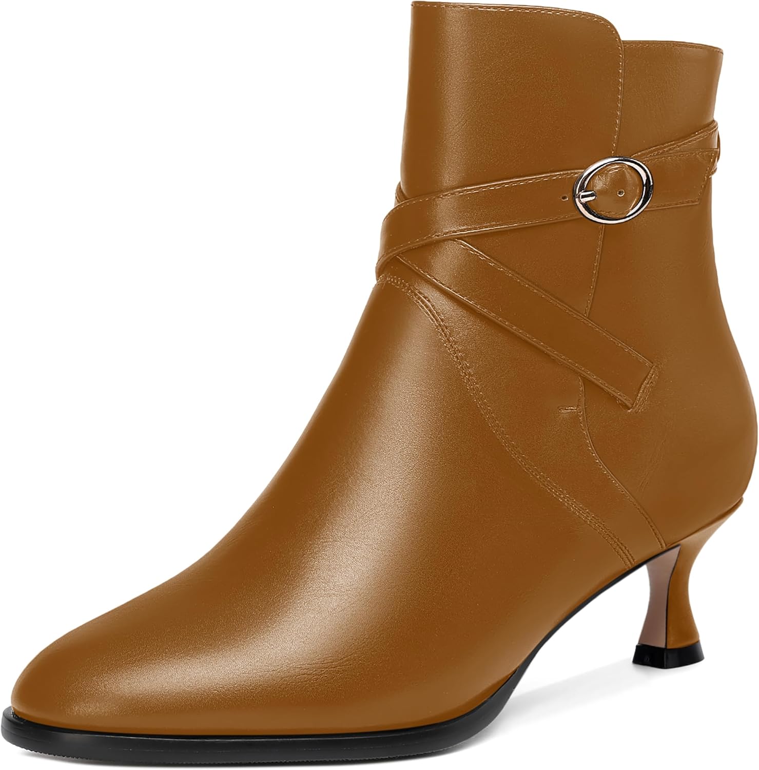 WAYDERNS Womens Dating Round Toe Solid Cold Weather Ankle Strap Matte Buckle Kitten Low Heel Ankle High Boots 2 Inch