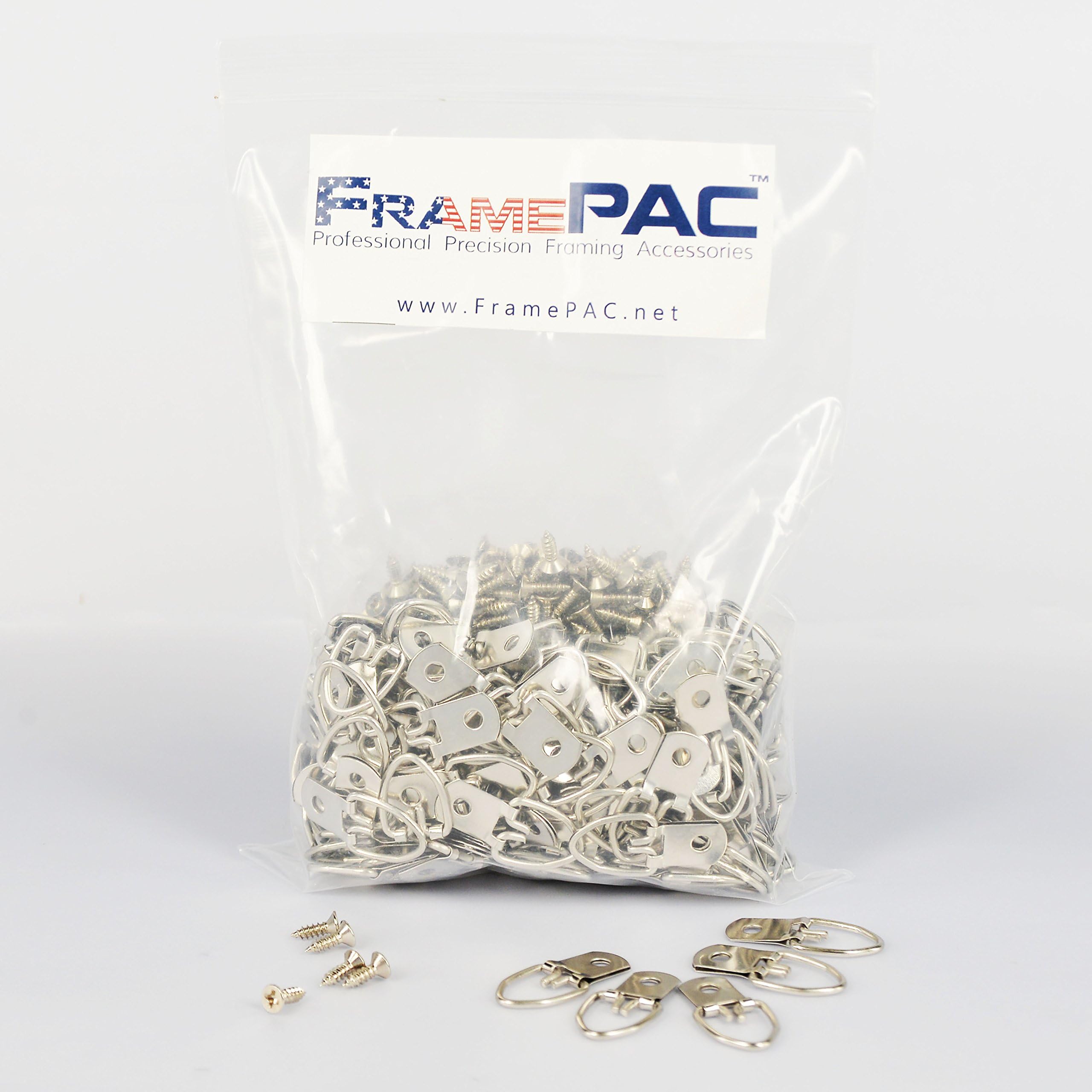 FramePac D Ring Picture Hangers - Single Hole D-Ring Hanger with Screws - for Picture Frames and Mirrors - Used by Framing Professionals (300 Pack)