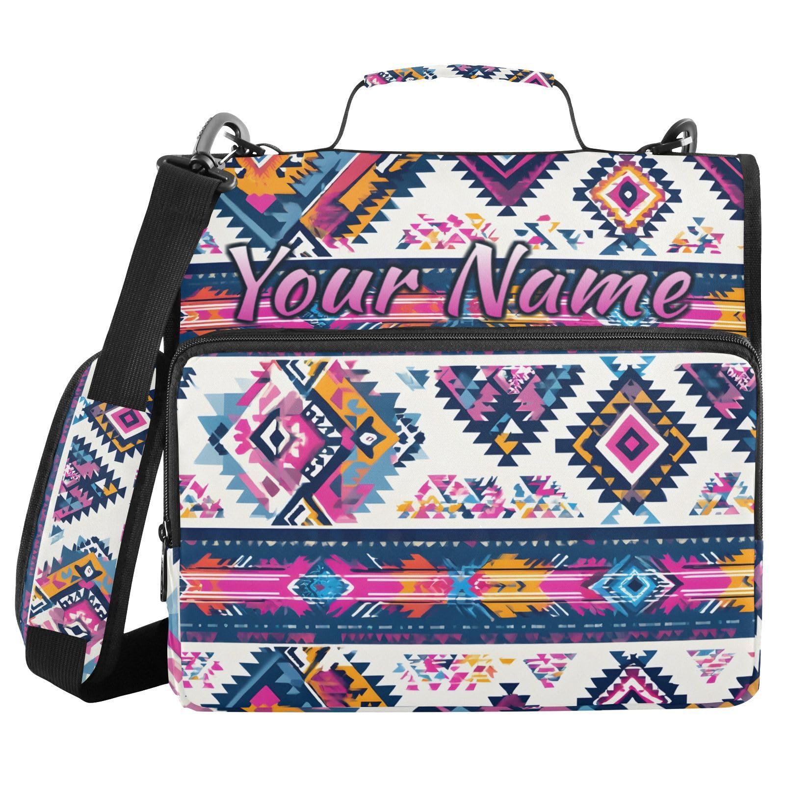 Custom 3 Ring Zipper Binder Purple Ethic Aztec Personalized Name 1.5 Inch Binders Large Capacity Multi Pockets for School Office Supplies