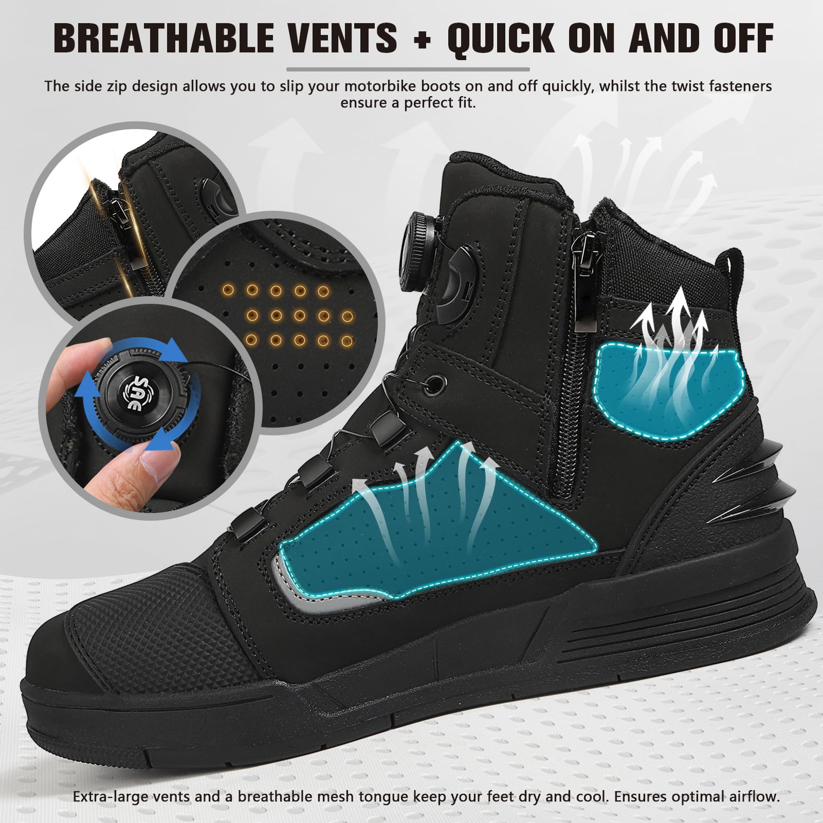 Scarpe Moto Uomo, Stivali Moto, Stivali Scarpe Moto Motocross Strada | Traspiranti con cerniere laterali e supporto per la caviglia, Strisce riflettenti, Suola in gomma antiscivolo