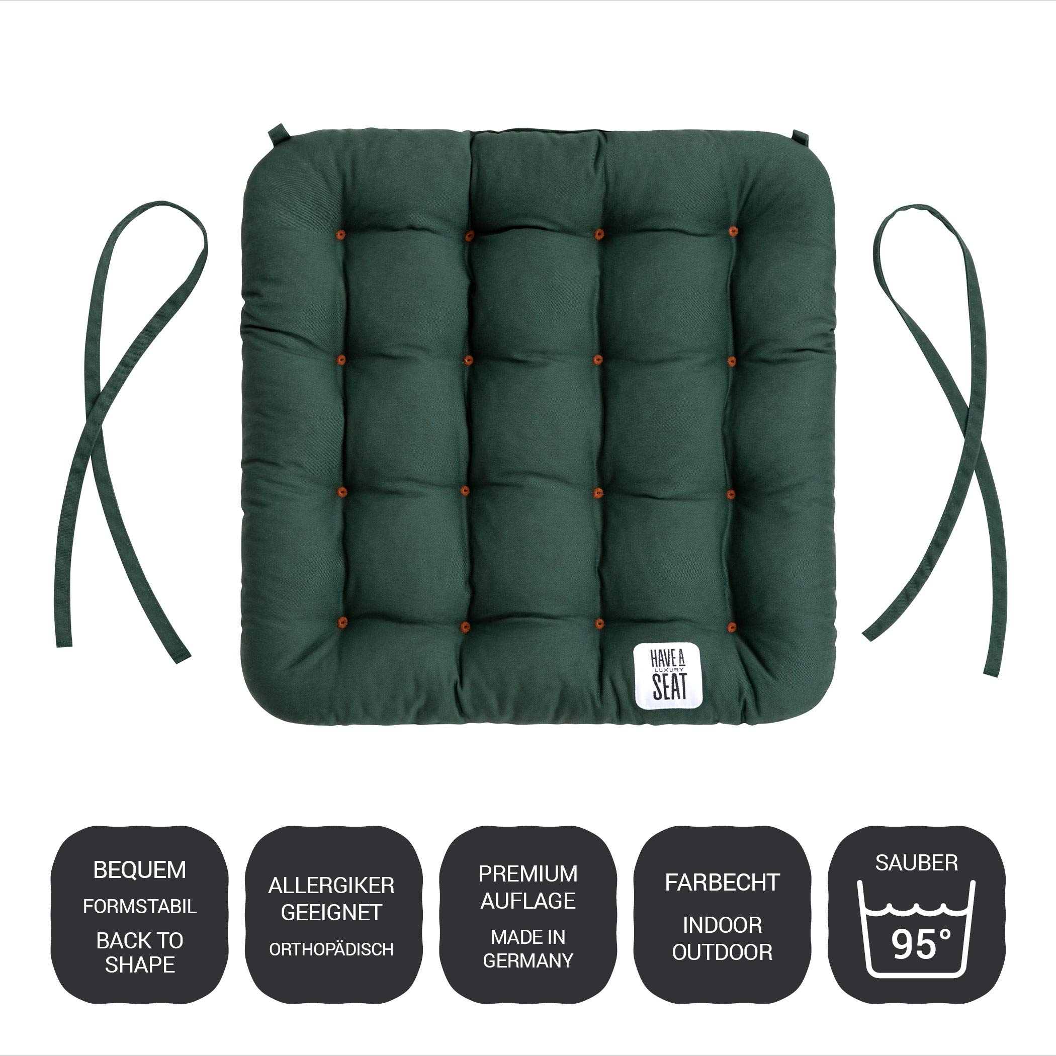 HAVE A SEAT Luxury – poduszka do siedzenia 40 x 40 cm – wygodna poduszka na krzesło, ortopedyczna, nadaje się do prania w temperaturze do 95 °C, nadaje się do suszenia w suszarce, trwałe kolory – Made in Germany – (zestaw 2 szt. z taśmami z