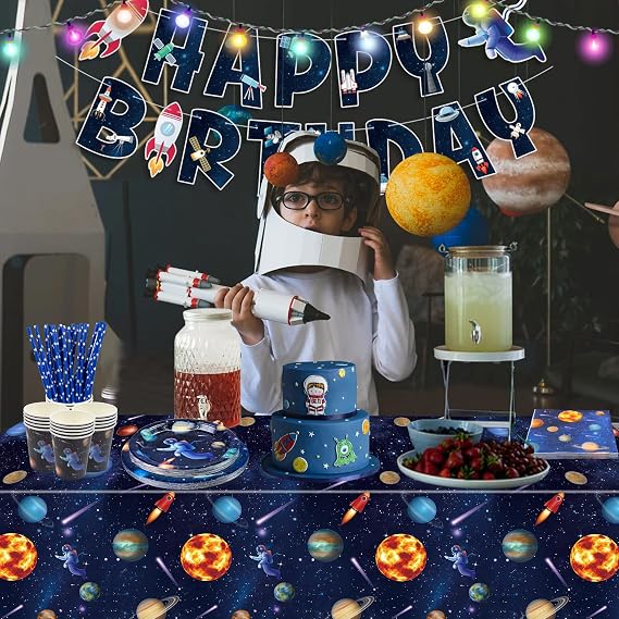 Outer Space Birthday Party Decorations, Include Happy Birthday Banner, Space Paper Plates, Tablecloth, Napkins, Cups for Kids Birthday Party Solar System Theme Party, Serves 20 Guests