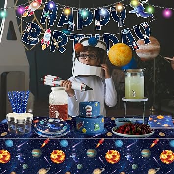 Outer Space Birthday Party Decorations, Include Happy Birthday Banner, Space Paper Plates, Tablecloth, Napkins, Cups for Kids Birthday Party Solar System Theme Party, Serves 20 Guests