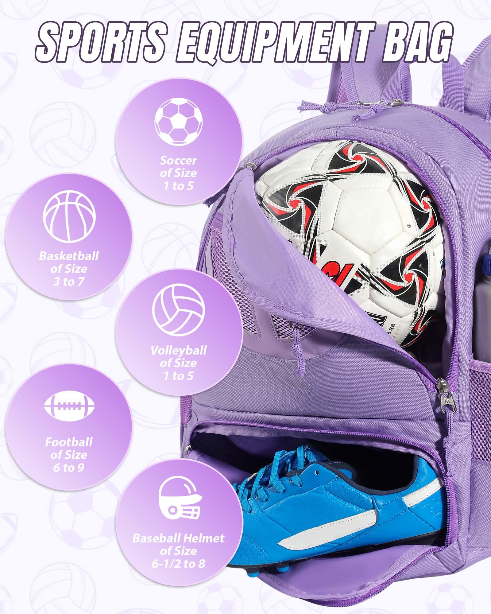 TRAILKICKER Mochila de baloncesto de 30 L, bolsa de fútbol morada con soporte para pelota, compartimento para zapatos, resistente al agua, transpirable, mochila multideportiva para voleibol, fútbol