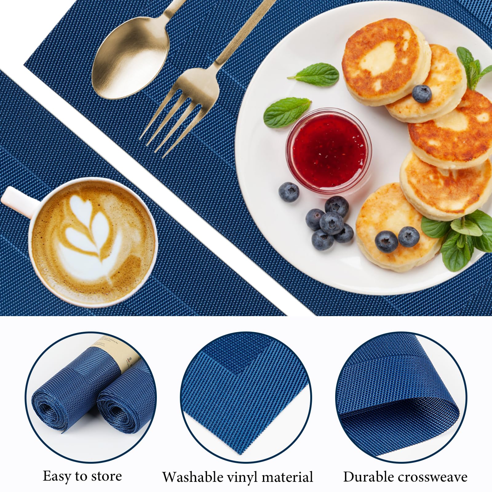 SUEH DESIGN Tovagliette Americane PVC 45 x 30cm Set 8 Pezzi Blu scuro