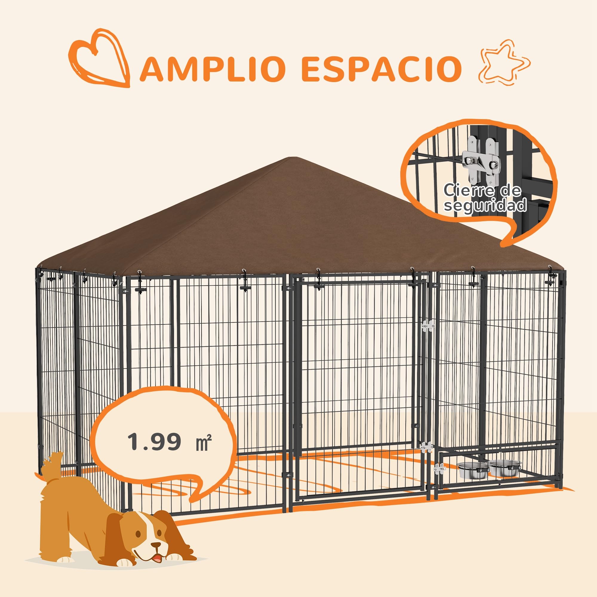 PawHut Perrera con Toldo Parque para Perros Metálica de Exterior con Soporte Giratorio para Comida 2 Cuencos para Patio Jardín Terraza 211x141x151 cm Negro