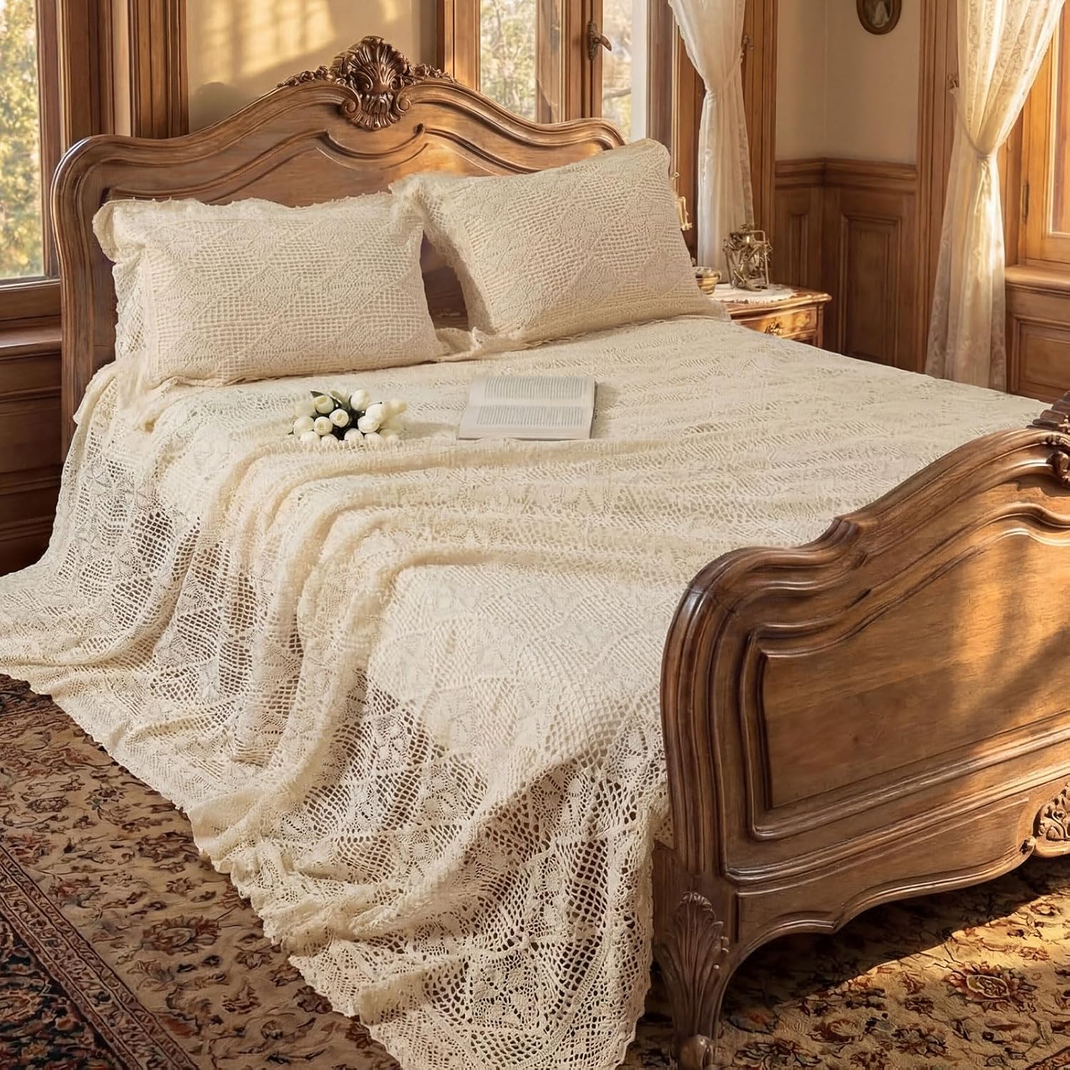 Tigeen Large Vintage King Bedding Set Crochet Linen Bedspread 106 x 110 Inches 1 Pcs Floral Beige Lace Blanket for Bed Spread with 2 Pcs Pillowcases, Gifts for Woman