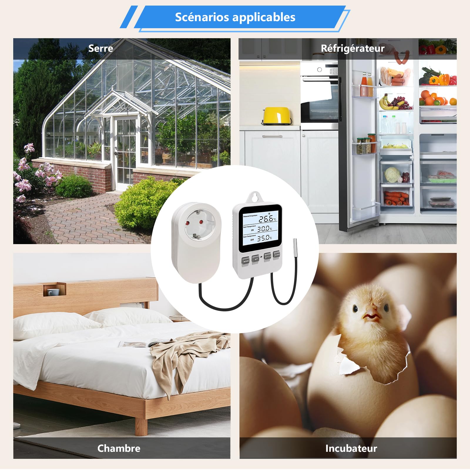 Thermostat Digital à Brancher sur Une Prise de Courant, régulateur de température, Interrupteur de Chauffage et de Refroidissement avec capteur, pour Tapis d'incubation, serres pour Reptiles