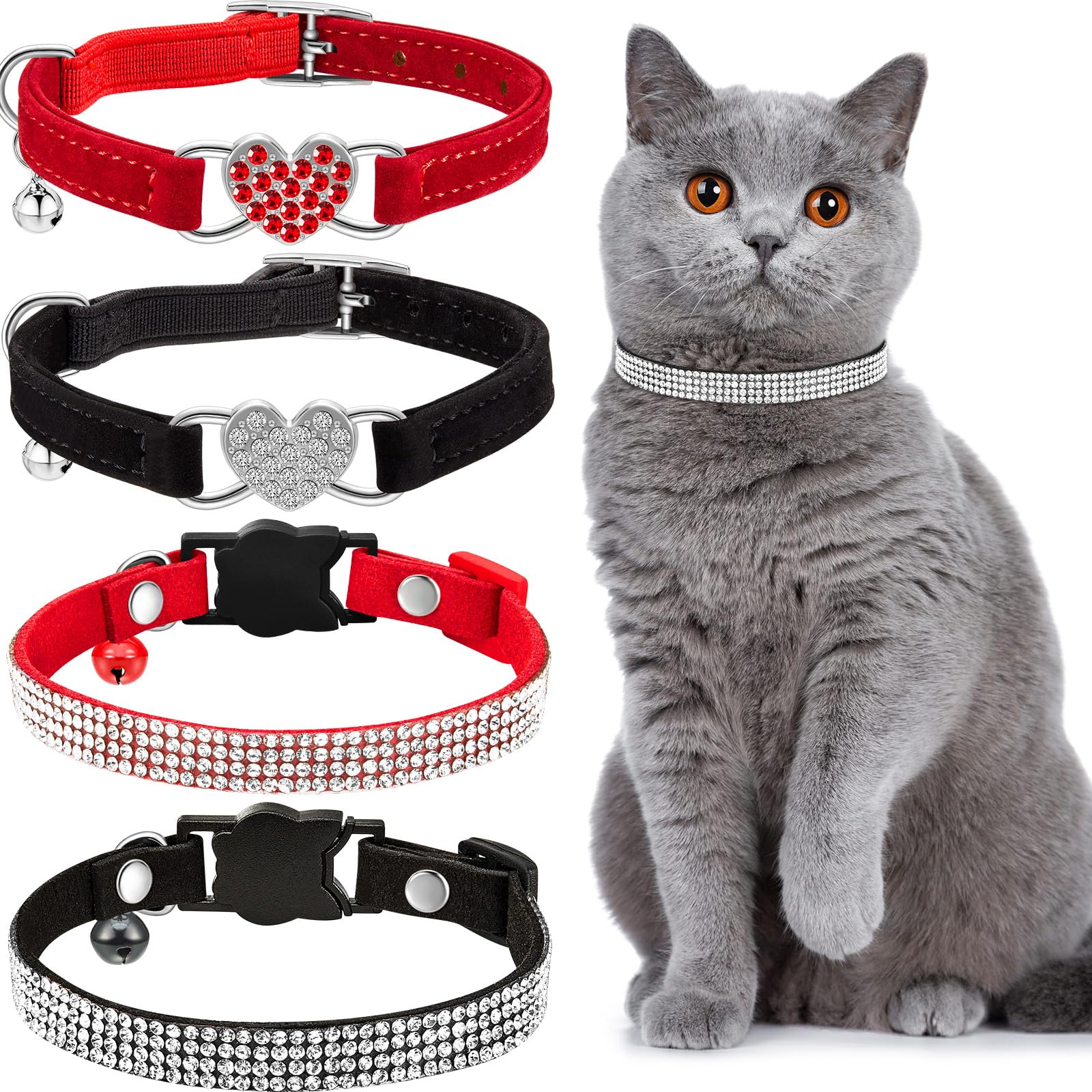 Weewooday 4 Pcs Rhinestone Cat Collar Heart Bling Breakaway Girl Cat Soft Velvet Fancy Adjustable Safety Kitten Collar with Bell for Kitty(Red, Black)
