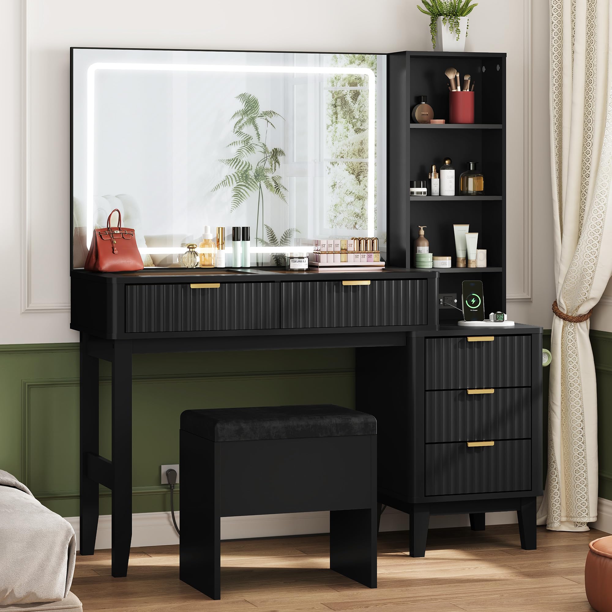 Amazon.com: WLIVE Black Vanity Desk with Glass Top, Luxury Makeup Vanity  Table with Large LED Mirror & Charging Station, Fluted Vanity Set with 5  Drawers and Adjustable Lighting : Home & Kitchen