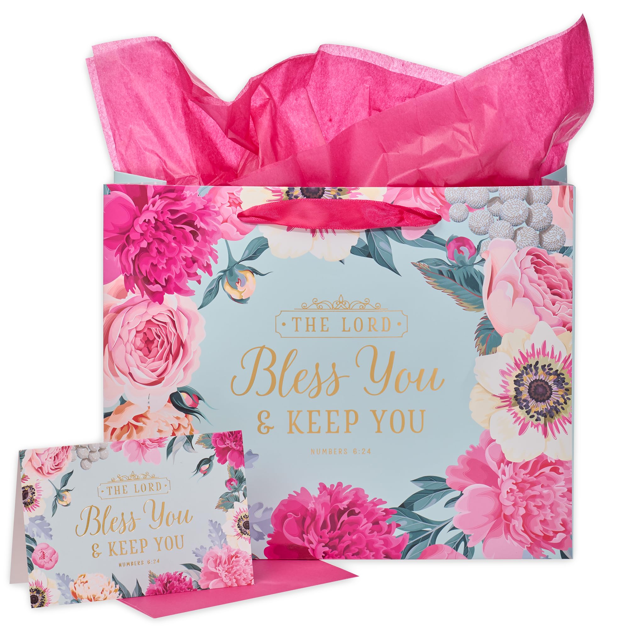 Christian Art Gifts Landscape Gift Bag with Card and Tissue Paper Set - Lord Bless You - Numbers 6:24 Inspirational Bible Verse, Pink/Blue, Large — image 1