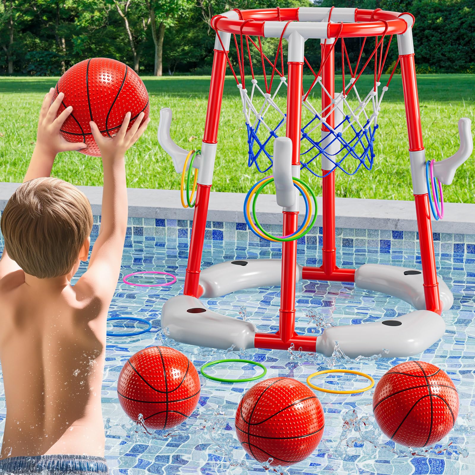 DULONIME 2 in 1 Pool Basketball Hoop Game for Kids Ages 3 4 5 6 7 Year Old, Floating Pool Toys with 4 Balls, Tossing Game, Summer Outdoor Swimming Water Play, Cool Party Gifts for Kids Adults Age 3-12