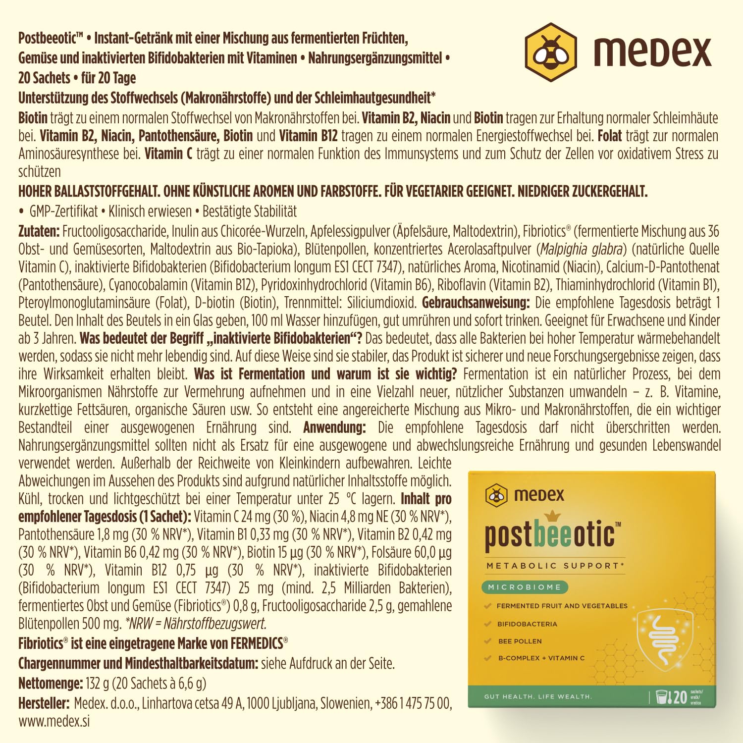 Medex Postbeeotic – Probiotika und Postbiotik mit inaktivierten Bifidobakterien, fermentierten Früchten & Gemüse, Vitamin C & B-Komplex – für Verdauung, Immunsystem & Darmflora – 20 Sachets