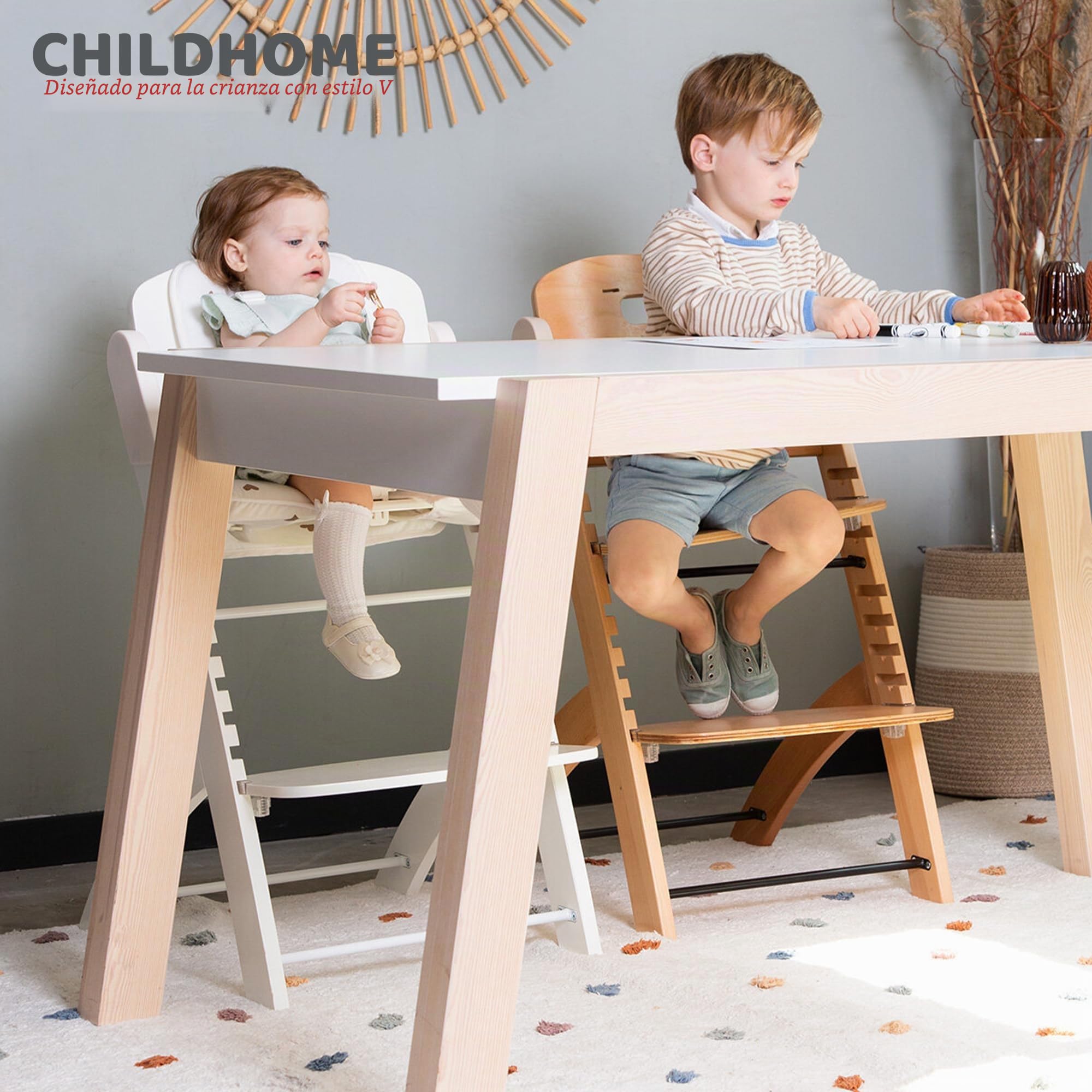 CHILDHOME, Trona Evolutiva : De 0 meses a 85KG, Tableta incluida, Madera de haya, Barra antivuelco, Arnés de seguridad de 5 puntos, Tornillos invisibles, Evosit Natural Beige