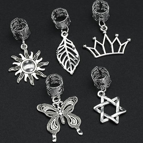 Miniatura 3 de 24 piezas de joyería para el cabello para trenzas, dijes plateados para mujer, joyería Loc, joyería multiforma, mariposa, luna, dragón, estrella,