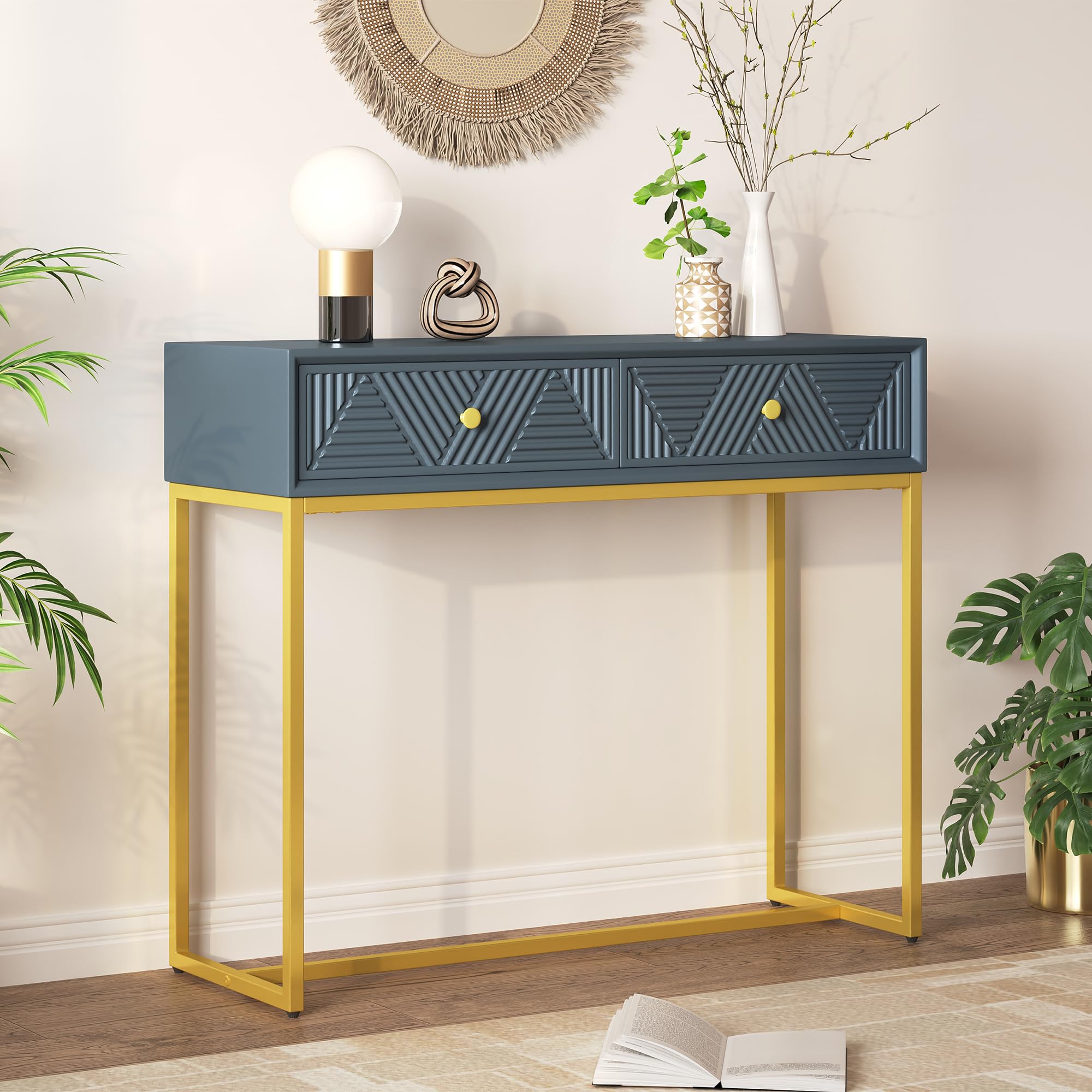 Modern Narrow Console Table with 2 Drawers, Stripe Design Accent Entryway Table for Hallway, Living Room & Foyer,Gray