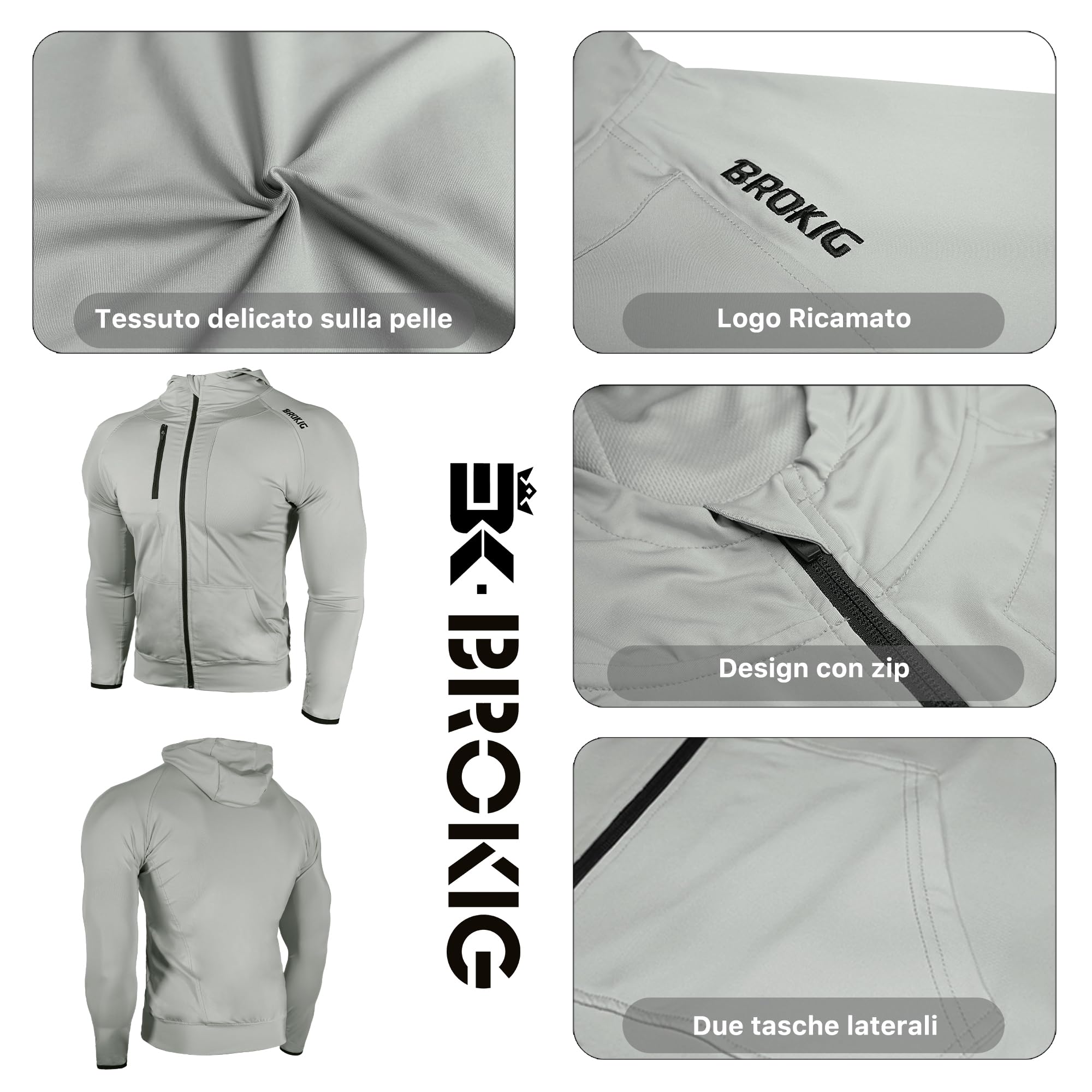 BROKIG Muscolo Slim Felpa Leggera Palestra Uomo Bodybuilding Felpe Sportiva con Zip Tasche