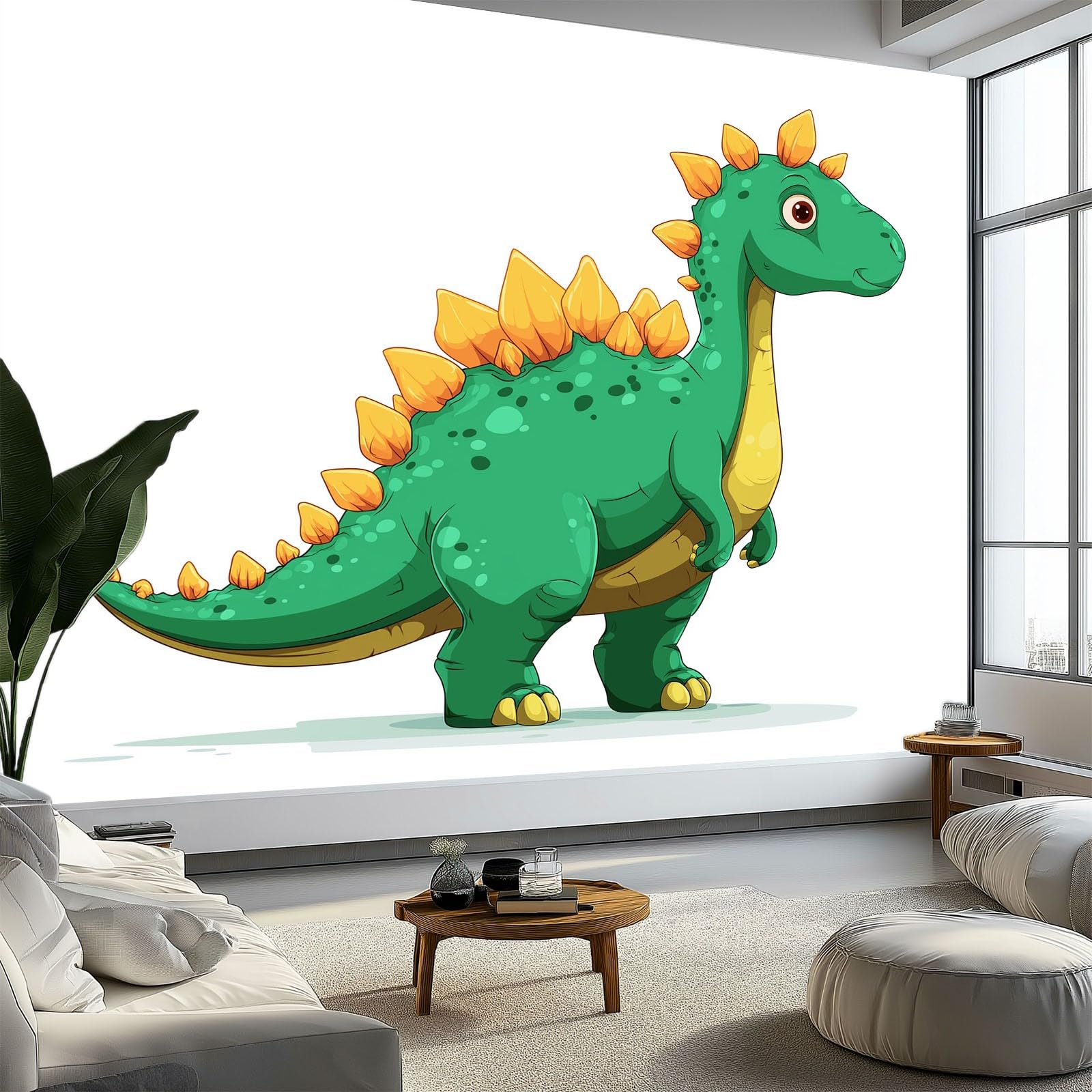 Urocza biała tapeta 3D panoramiczna kreskówka zwierzęta dinozaur stegozaur - fresk ścienny z włókniny do sypialni i pokoju dziecięcego, dekoracja ścienna do domu (200 x 140 cm)