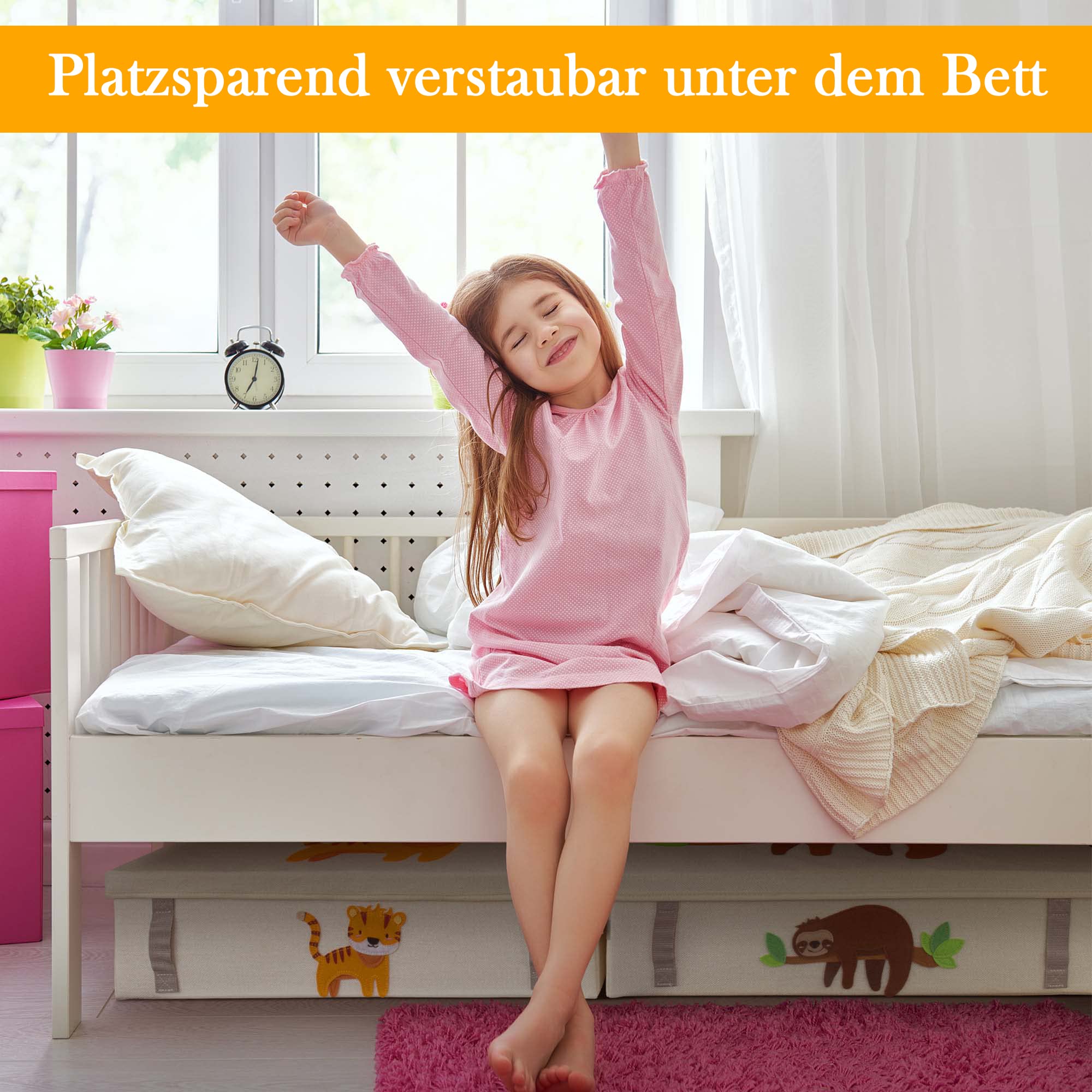 GRINSEZWERGE 2er-Set Spielzeugkiste zur Aufbewahrung unter dem Bett | Unterbettbox Kinder | Aufbewahrungsbox Kinder | große Spielzeugbox mit Deckel für Kinderzimmer | Unterbett Box Kiste flach