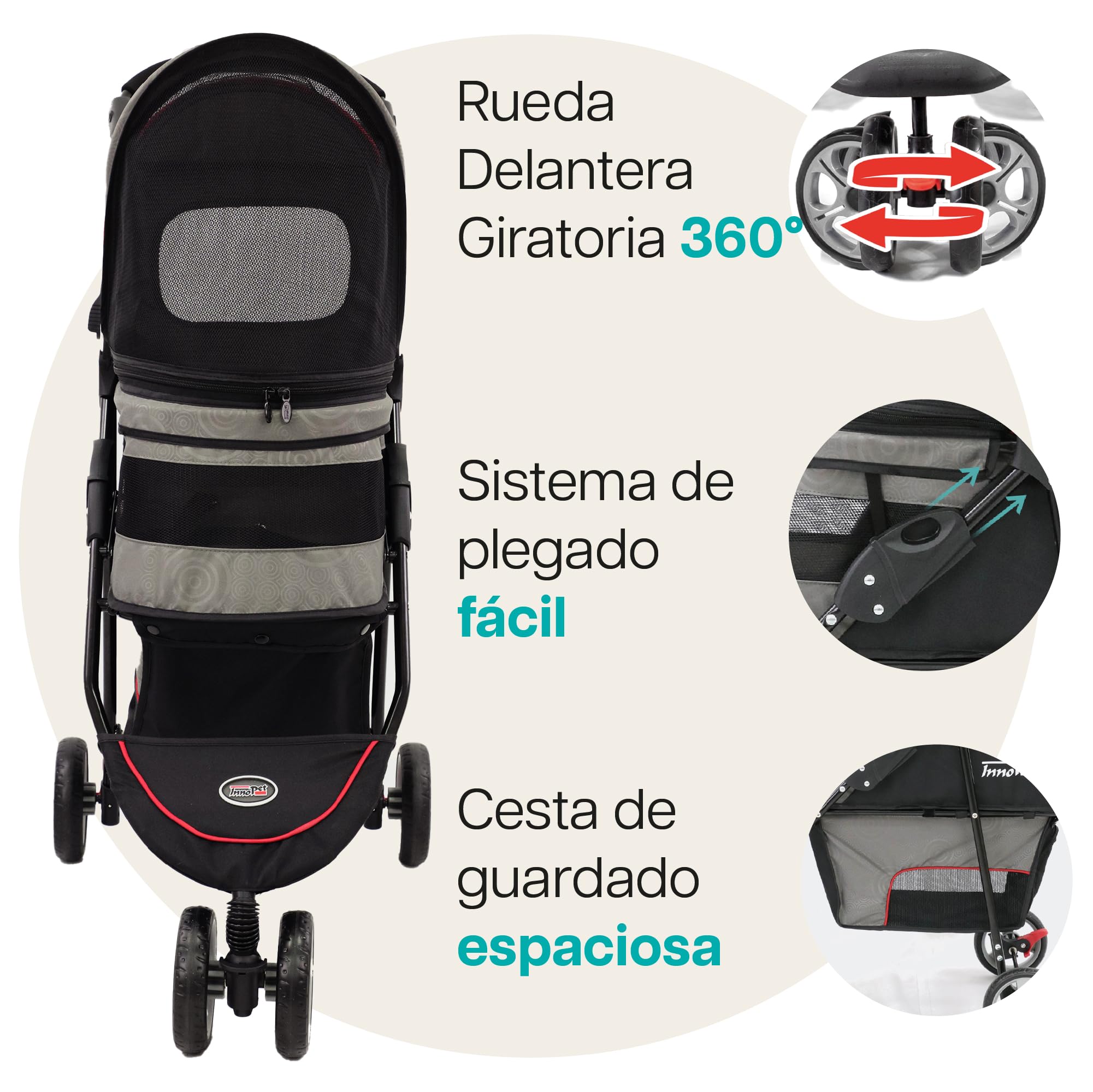 Innopet Avenue gris brillante/rojo - Carrito urbano ligero para perros y gatos con cubierta de lluvia, correas de seguridad y cesta de almacenamiento