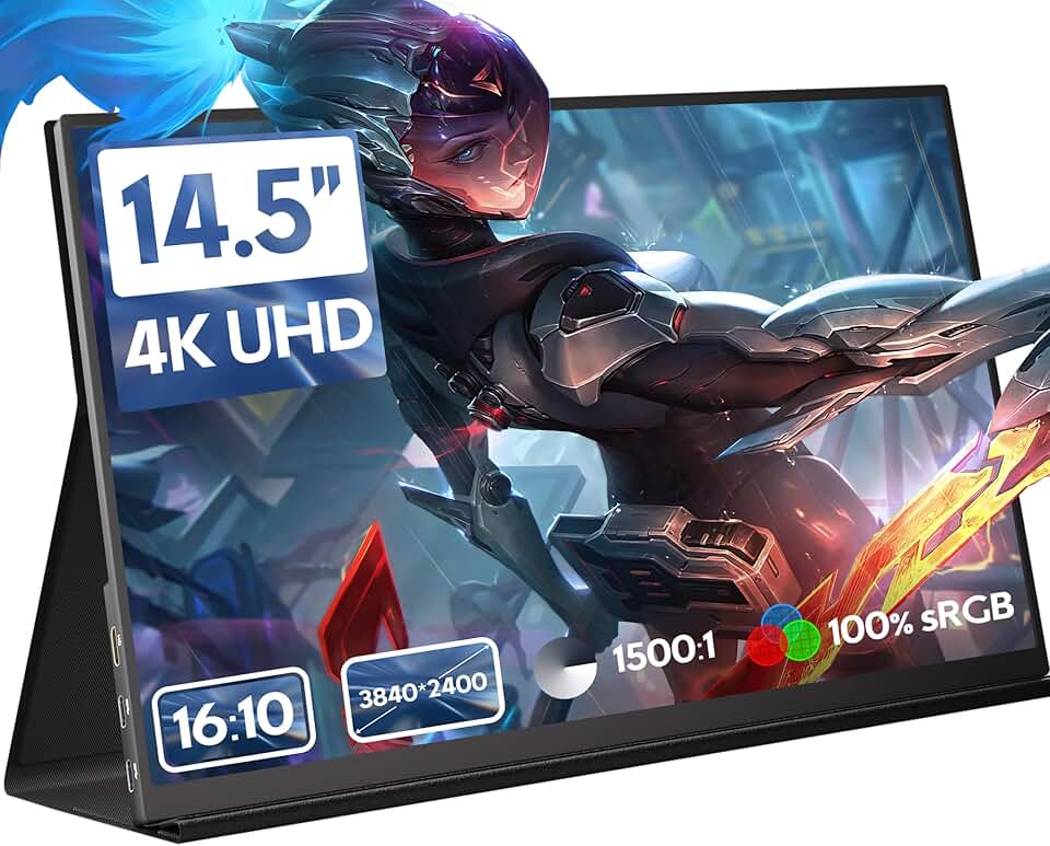 ZSCMALLS Monitor portátil de jogos de 14,5 polegadas 4K 60Hz para laptop, tela IPS 3840P × 2400P com HDR, FreeSync 1500:1, ultrafino e cuidados com os olhos, tela externa de monitor de viagem para