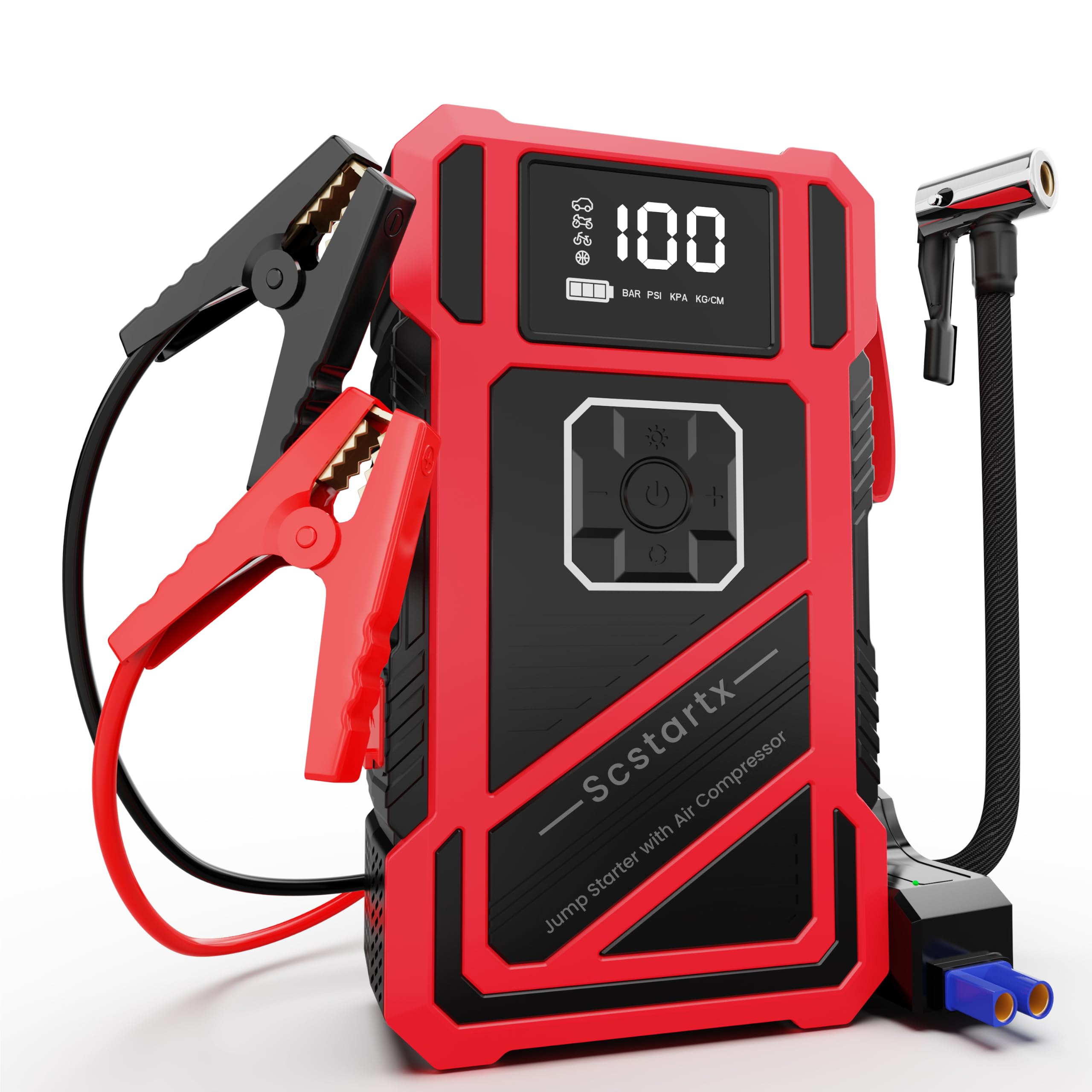 Scstartx 3000A Peak Auto Starthilfe mit 150PSI Luftkompressor - Smart Jump Kabel, LED Taschenlampe & USB-Ladegerät, 12V Notstarter für Fahrzeuge bis zu 10L Gas & 8L Diesel
