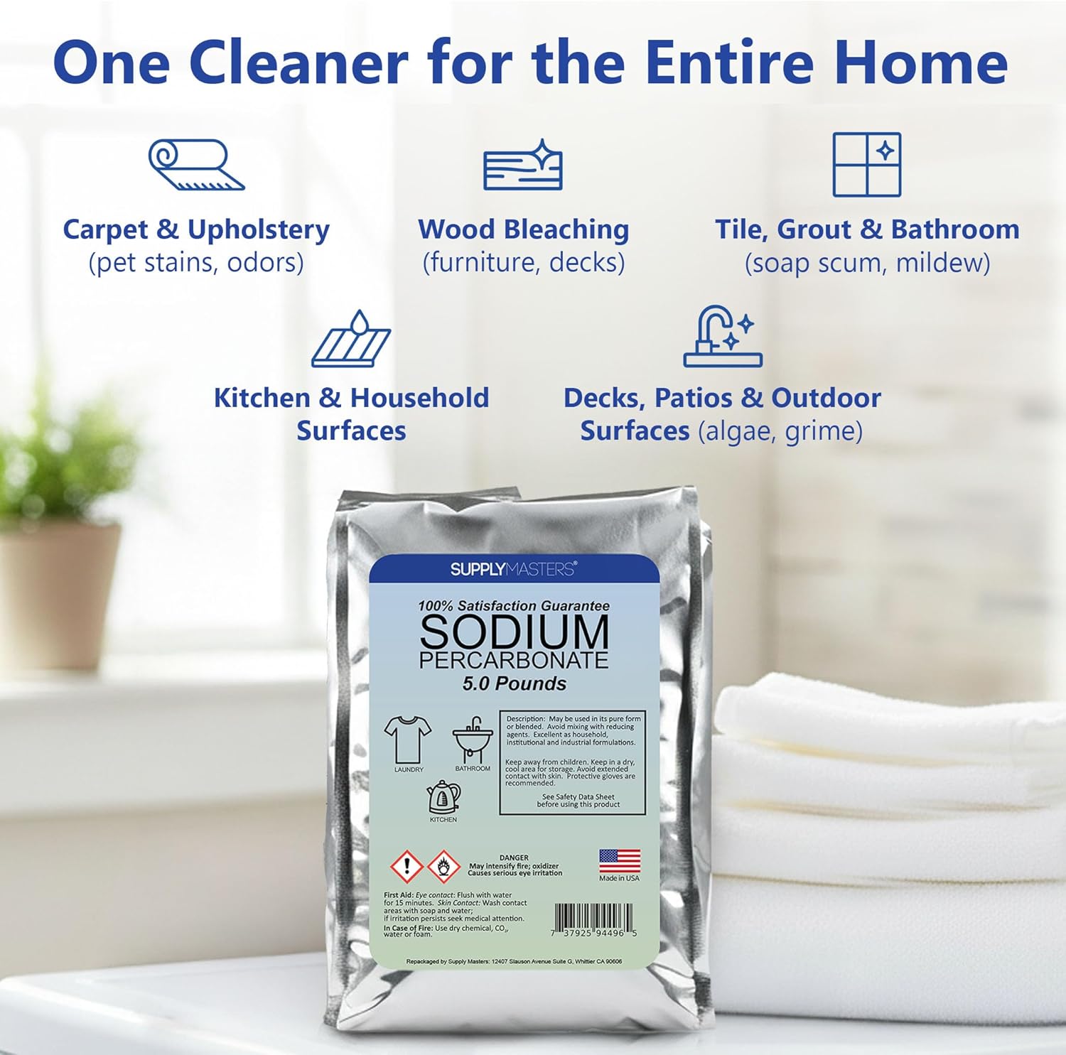 Sodium Percarbonate Powder 5 lbs – Non-Chlorine Oxygen Bleach Alternative & Stain Remover – Multi-Purpose Cleaner for Laundry, Carpets, Tile, Decks, Kitchens & Outdoor Surfaces