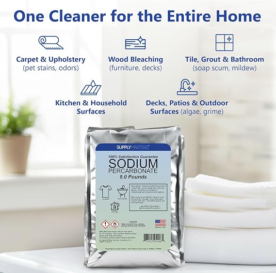 Sodium Percarbonate Powder 5 lbs Non-Chlorine Oxygen Bleach Alternative & Stain Remover Multi-Purpose Cleaner for Laundry, Carpets, Tile, Decks, Kitchens & Outdoor Surfaces
