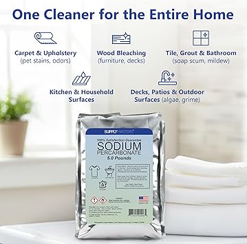 Sodium Percarbonate Powder 5 lbs Non-Chlorine Oxygen Bleach Alternative & Stain Remover Multi-Purpose Cleaner for Laundry, Carpets, Tile, Decks, Kitchens & Outdoor Surfaces
