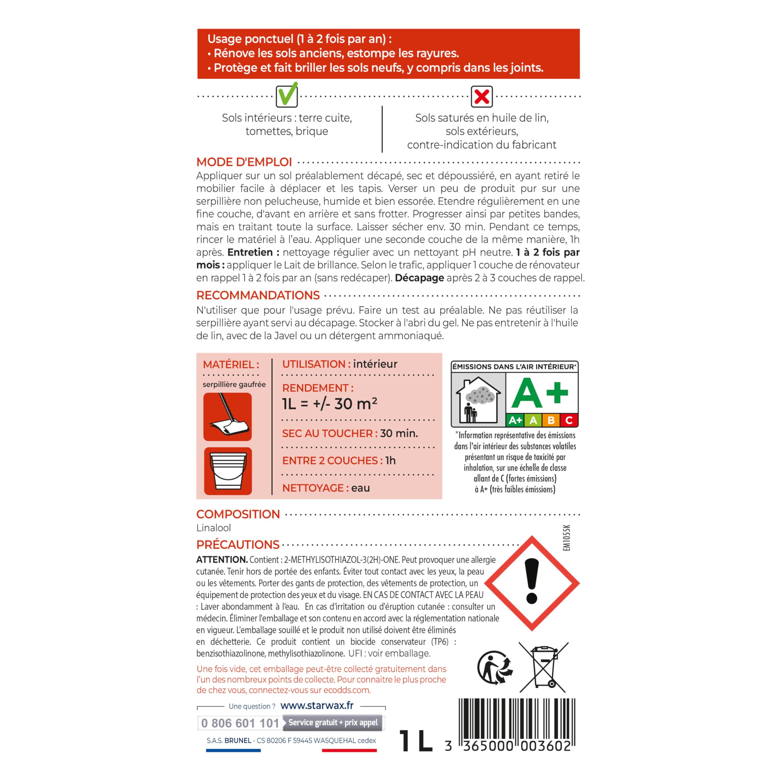STARWAX Rénovateur Brillant Protecteur Tomettes et Terres Cuites 1L 30m²