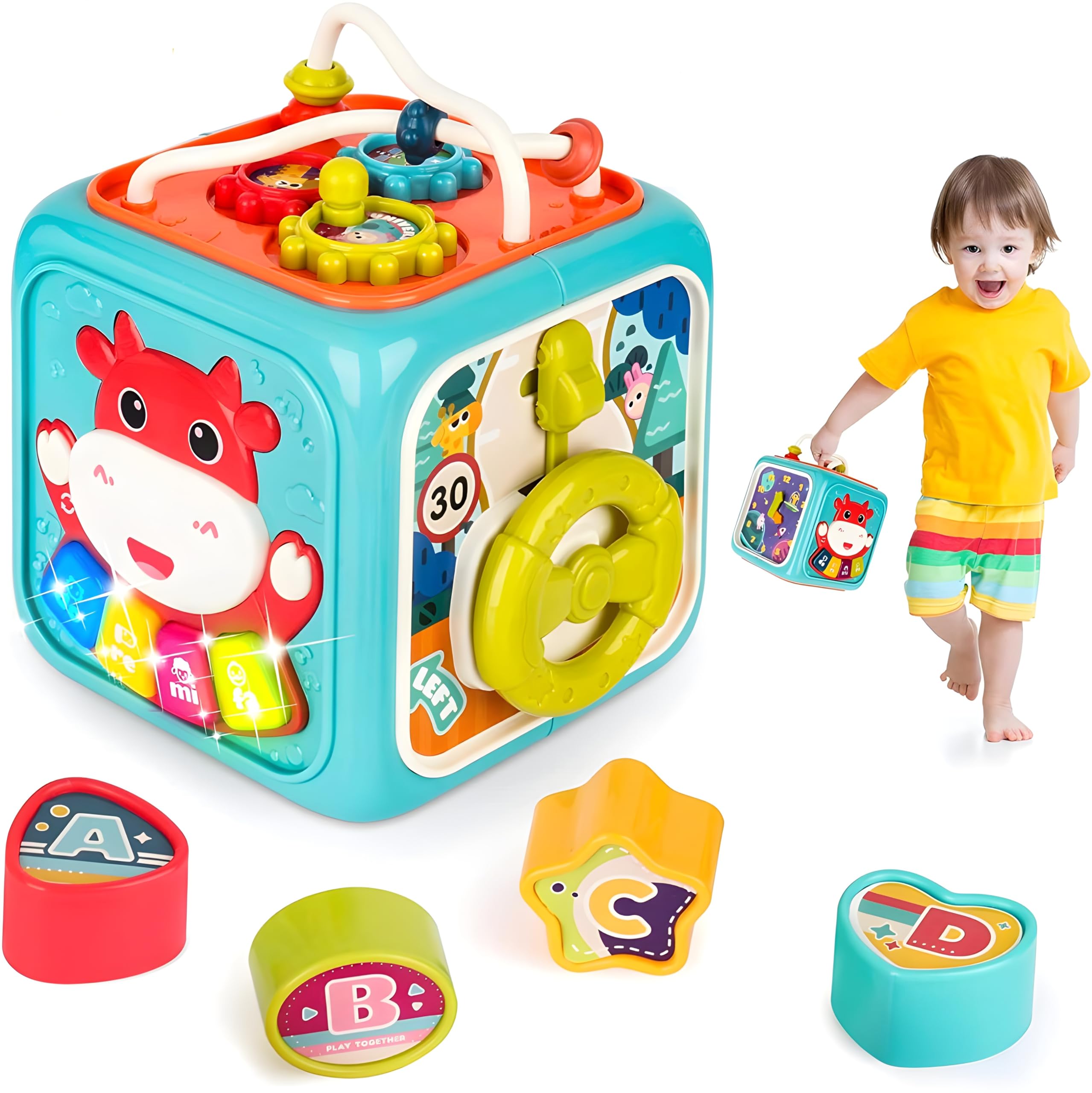 Cable World 6 in 1 Montessori Activity Cube for Kids | Musical Sensory Learning Toy with Shape Sorter, Bead Maze, Piano Keyboard, Clock & Steering Wheel | Educational Toy for Babies & Toddlers-picture-22