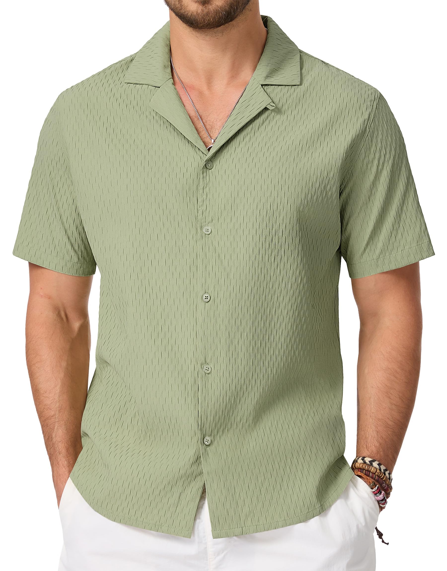 Cavva Camicie da uomo Cuban Guayabera Casual Manica Corta Button Down Camicia testurizzata Leggera Estate Spiaggia Camicie hawaiane