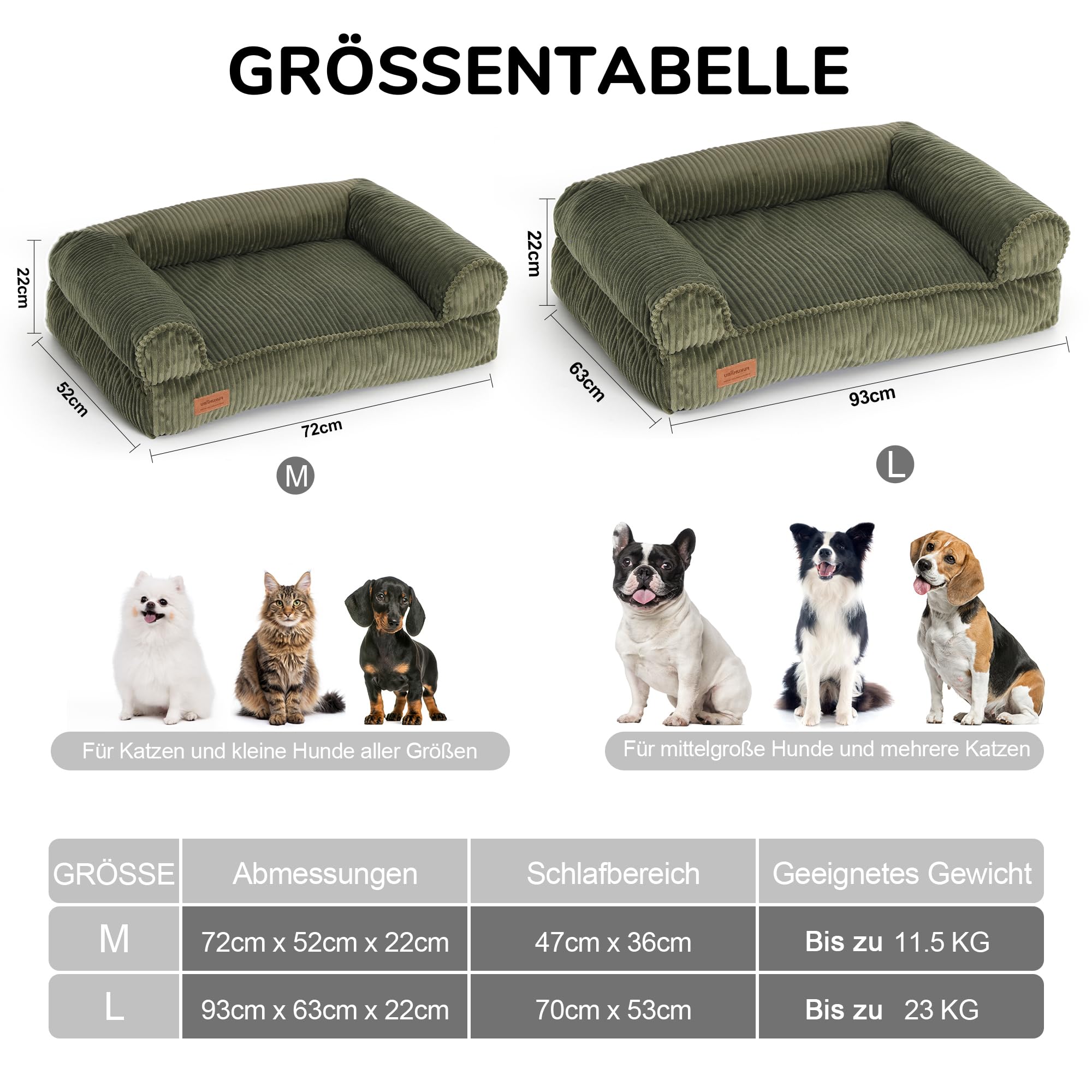 FUKUMARU Katzensofa Bett, Corduroy Gemütliches Katzenbett für drinnen mit abnehmbarem waschbarem Bezug, Stützendes Anti-Rutsch Hundebett Sofa für kleine Hunde, 72 x 52 x 22 cm, Mittel, Grün