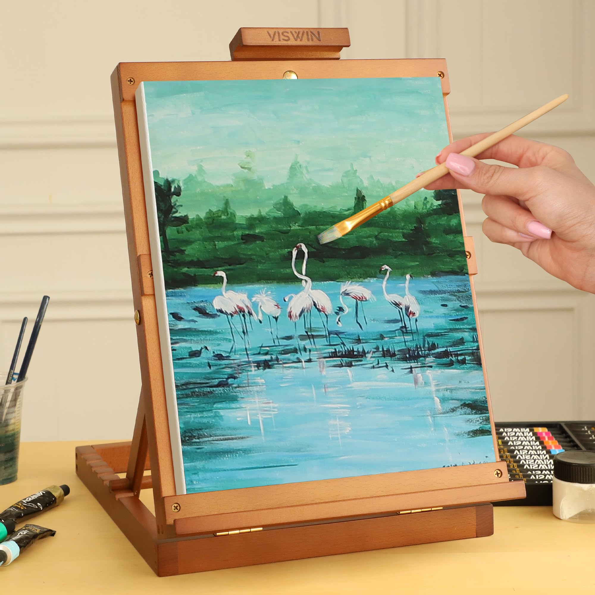 VISWIN Wytrzymała drewniana sztaluga stołowa z ramą H, utrzymuje płótno do 58 cm, regulowana sztaluga artystyczna z drewna bukowego do malowania płótna, dorosłych, początkujących