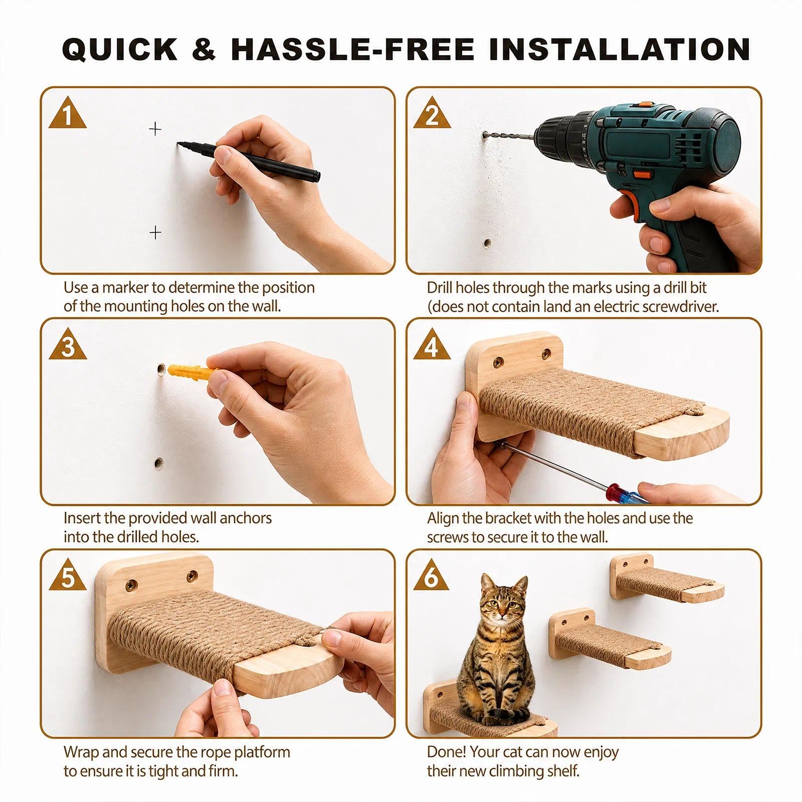 4pcs Katzentreppe Wand, Kletterwand Katzen aus Holz,Wandliege Kletterwand Katzen mit Juteseil zum Kratzen, für Katze Klettern Spielen Massives Gummiholz