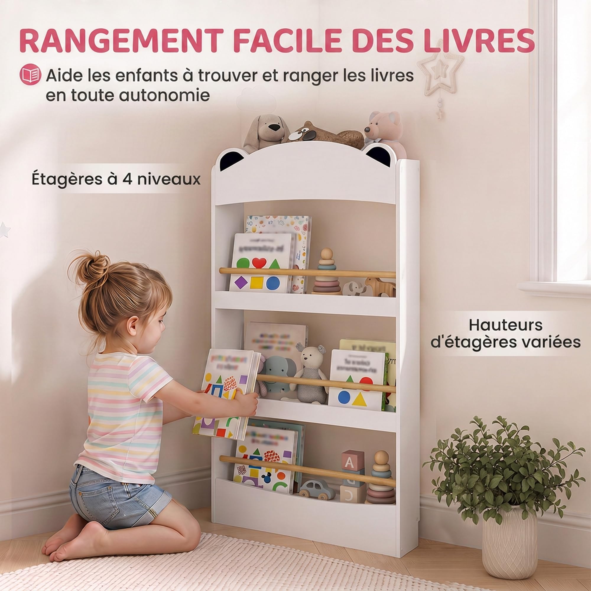 AIYAPLAY Bibliothèque Murale Enfant 3-8 Ans à 4 Niveaux Blanc