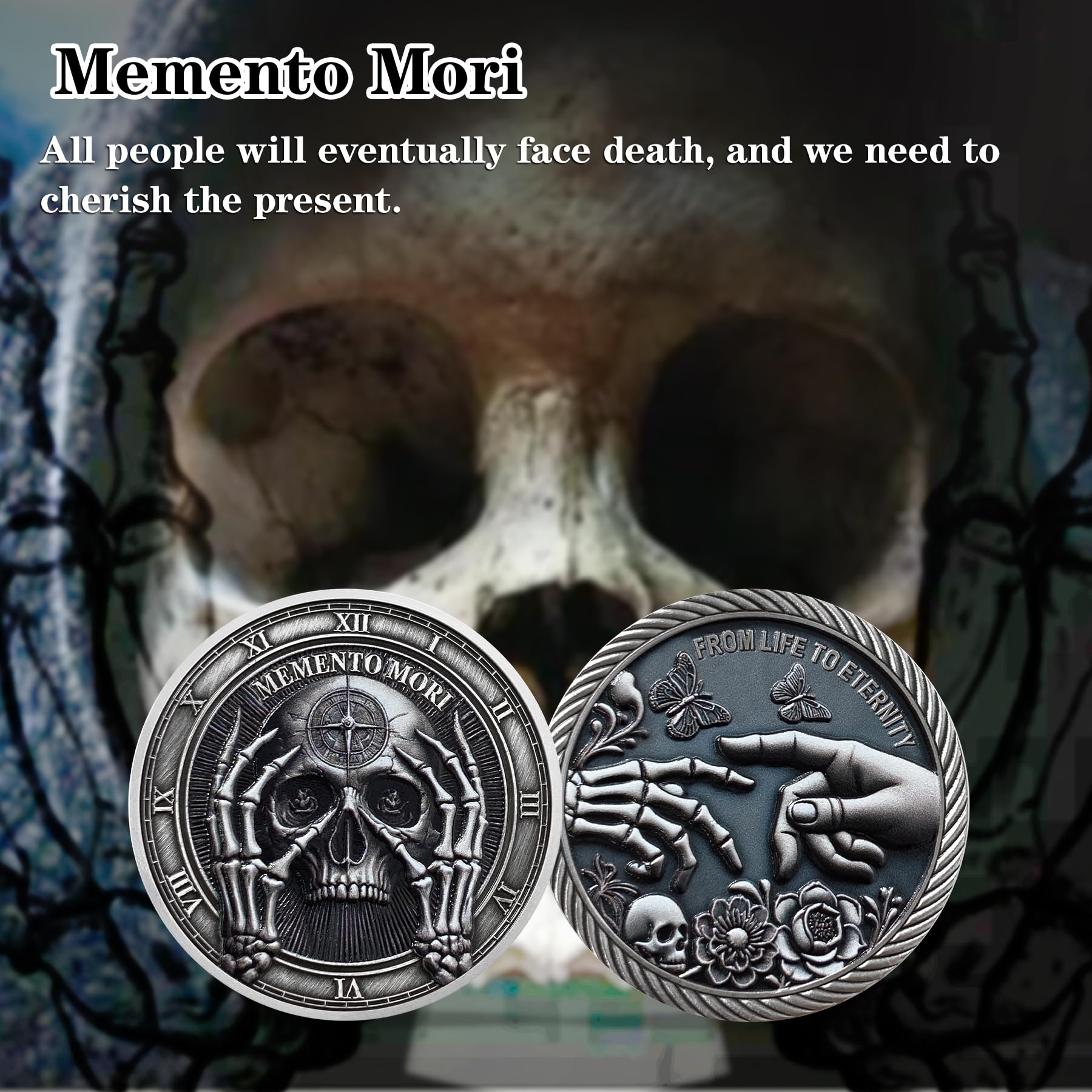 EDC Philosophy Coins 5 Pack Memento Mori Challenge Coins - Stoic Reminder  Tokens With Skull & Hourglass Tigers Team Pennant