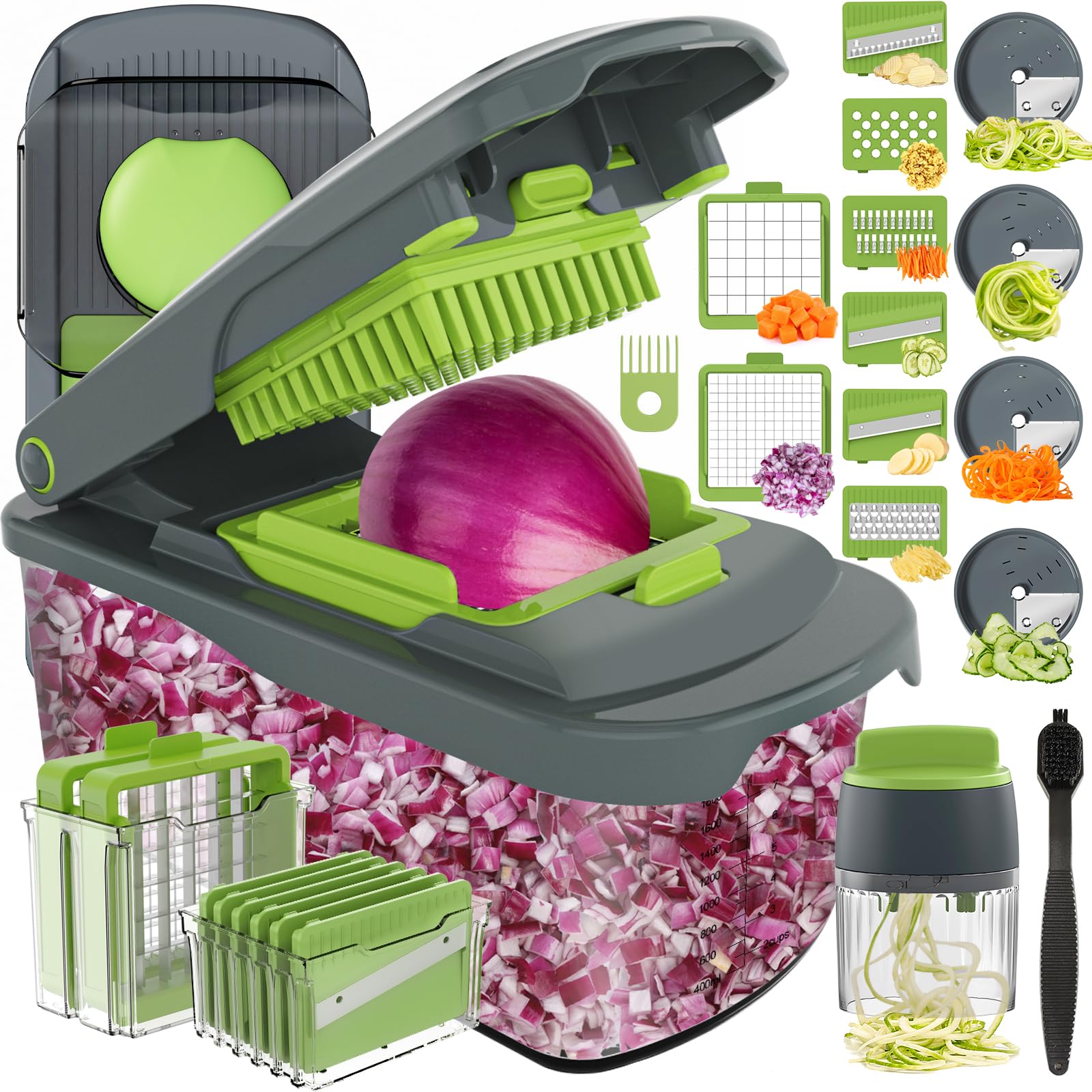 OurokhomeVeggie Chopper and Dicer with Container, Manual Hand Food Mandolin Slicer with 4 in 1 Handheld Vegetable Spiralizer for Zucchini, Potato, Onion, Essential Kitchen Gadgets (12 in 1, Gray)