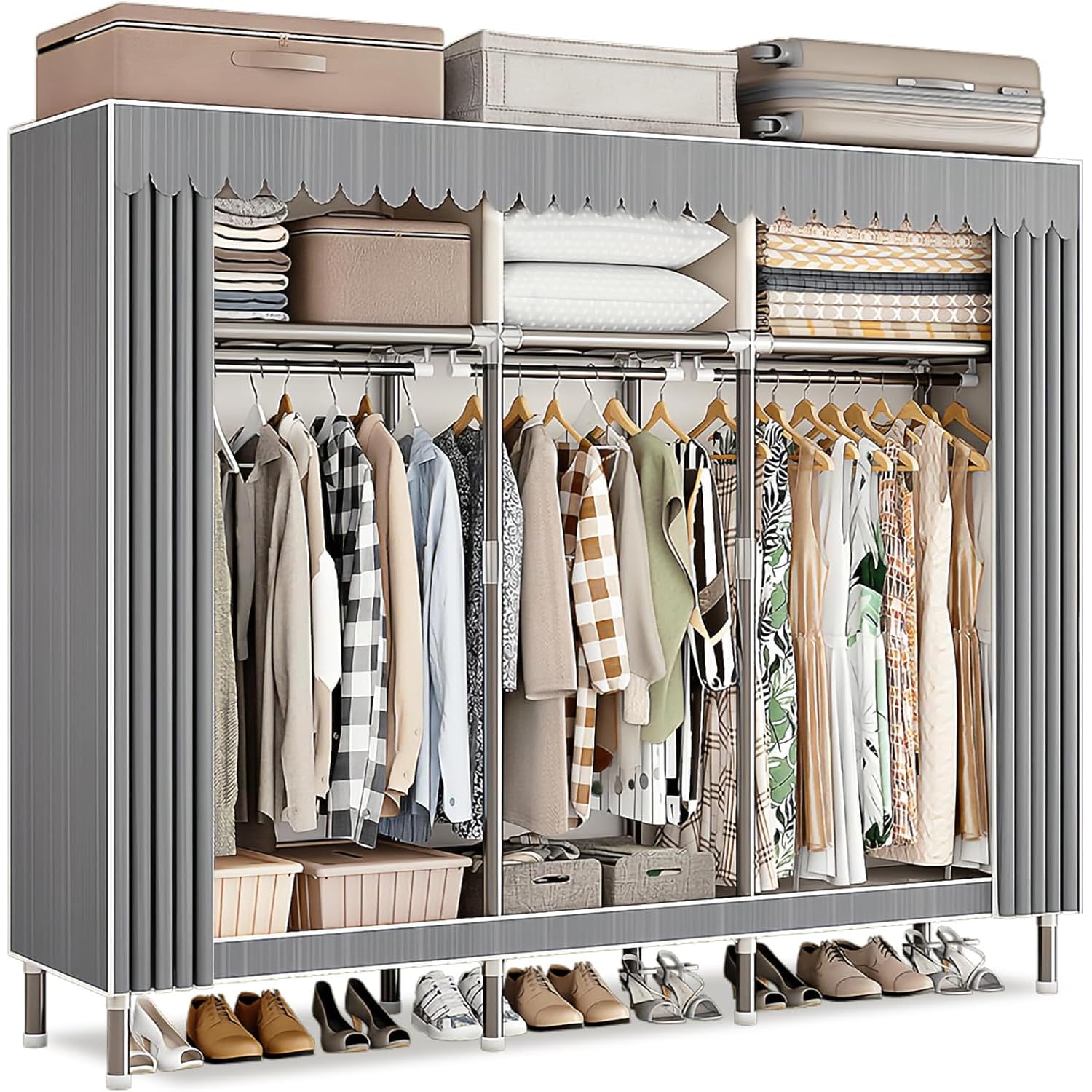 Armoire De Rangement en Tissu, Penderie avec Housse, Armoires Portable avec Barre De Suspension Et Étagères, Rangement Armoire Vêtement 168 X 46 X 173 cm