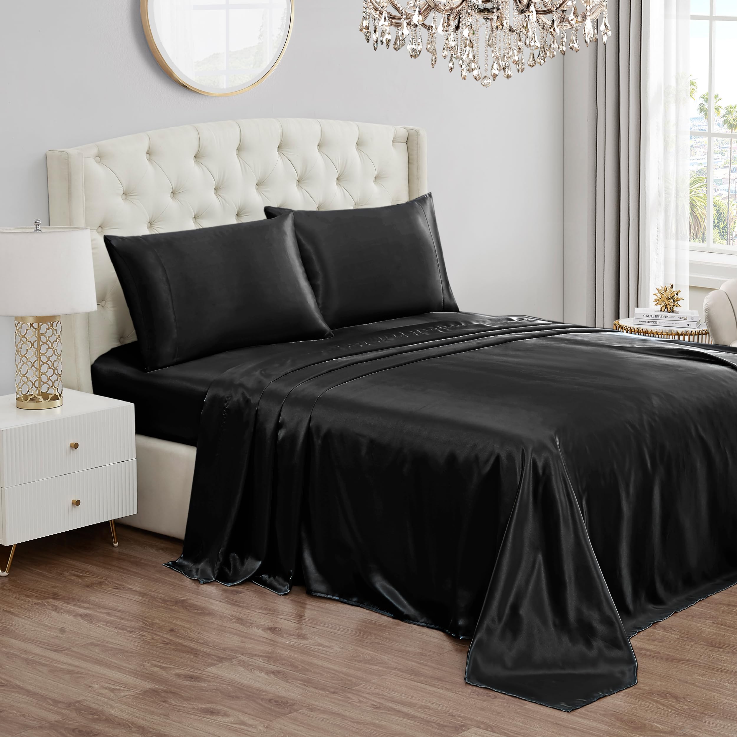 Juicy Couture Twin XL Size Satin Bed Sheet Set, Deep Pocket Silky Twin XL Sheet Set with 1 Fitted Sheet, 1 Flat Sheet, 1 Pillow Case, Wrinkle Resistant and Anti Pilling Bed Sheets - Black