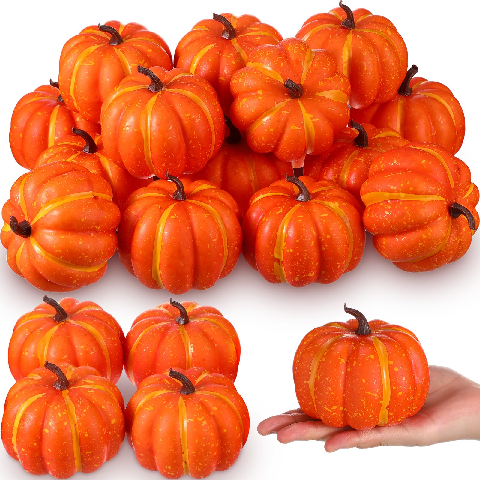 Liliful Confezione da 24 zucche artificiali arancioni raccolte autunnali da 10,2 cm, decorazioni rustiche decorative in schiuma, zucche per Halloween, Ringraziamento, matrimonio, tavolo da pranzo