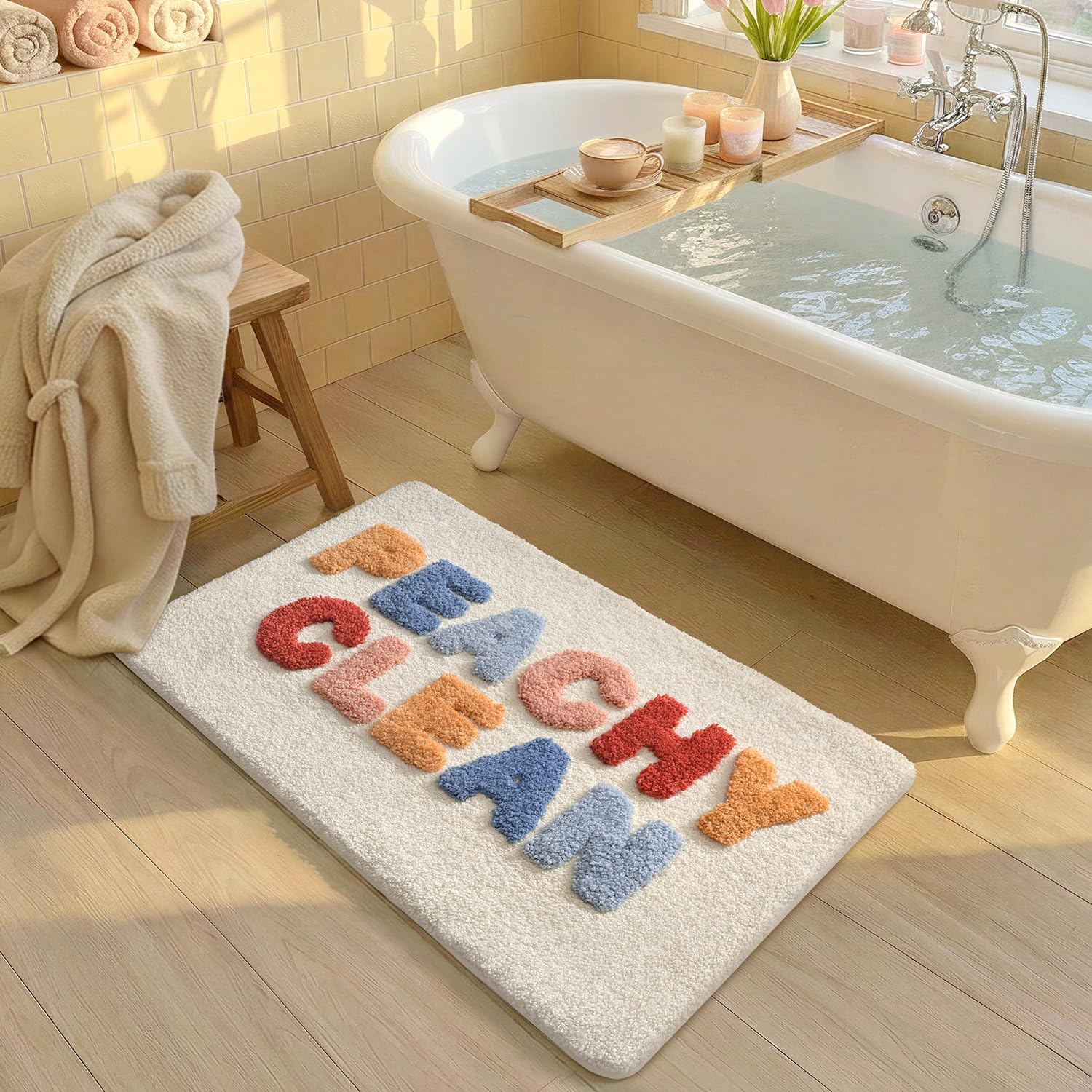 Color&Geometry Peach Clean Bath Mat 36X24, Cute Bathroom Rugs Non Slip Absorbent Bath Mats for Bathroom, Shower, Bathtub, Funnny Bath Decor, White