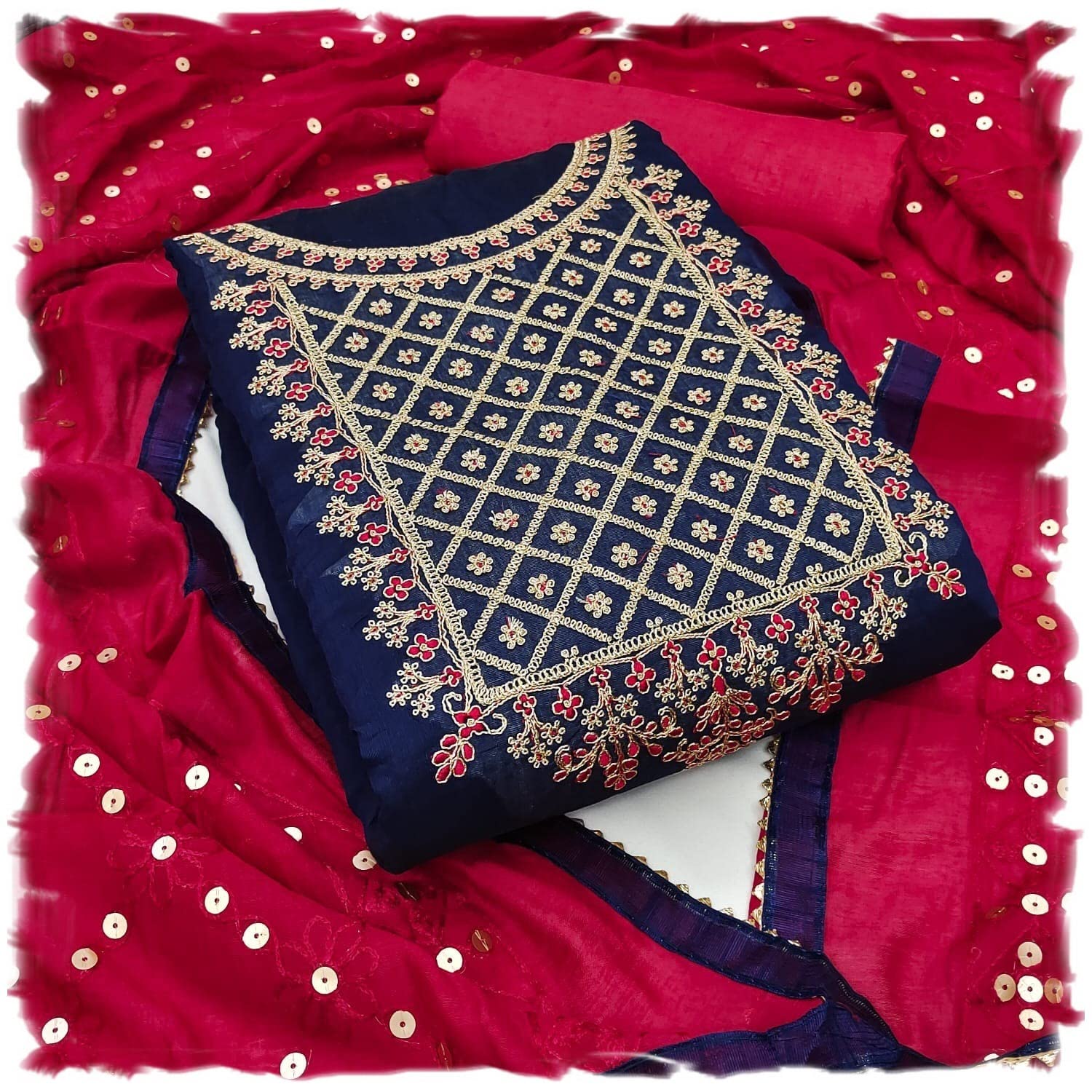 Y2Y Women's Heavy Cotton Embroidery Work Unstitched Salwar Suit Dress Material With Chanderi Work Dupatta (Free Size_Multi Color)