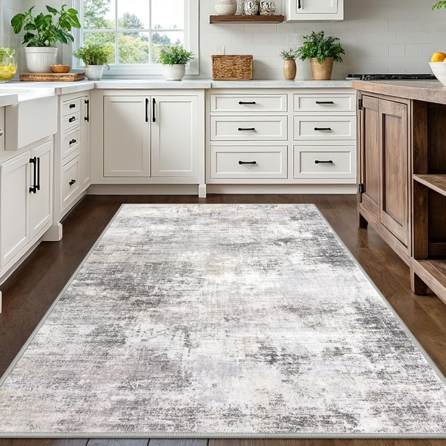 Tapis moderne rectangulaire gris blanc beige 100x160 cm pour salon table cuisine