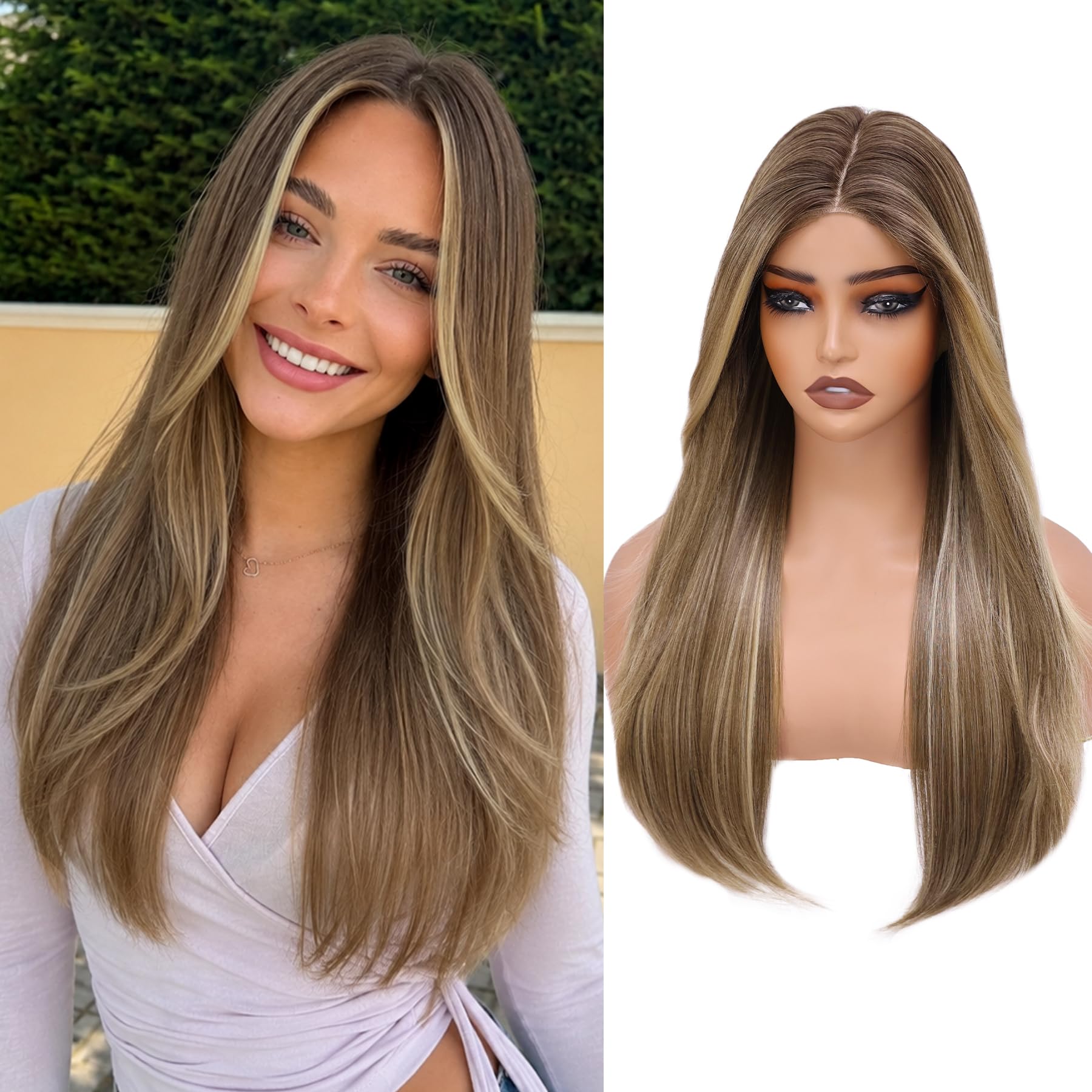 WECAN 24 Inch Brown Layered Wig for Women 4x4 Realistic Scalp Free Parting
