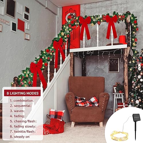 Miniatura 6 de 2 guirnaldas de Navidad de 9 pies, decoraciones de valla de Navidad con luz solar, decoraciones de Navidad al aire libre con lazo y lazos