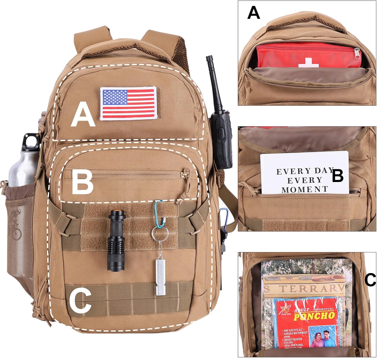 Tactical Hiking Backpack with 180° Open Design, Molle Webbing, Padded Laptop Compartment, Lightweight for Outdoor Adventures (tan) - Image 4