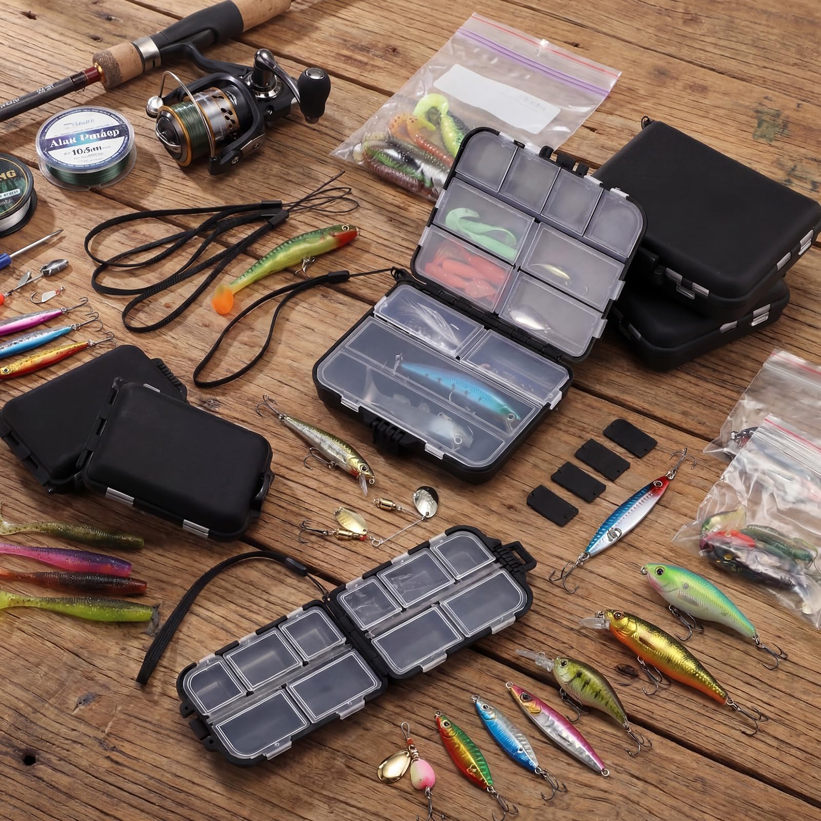 Paquete de 10 cajas pequeñas de aparejos organizadores para pesca, mini caja de aparejos de bolsillo portátil de doble cara para anzuelos, cebos, cebos giratorios, jigs, cajas de