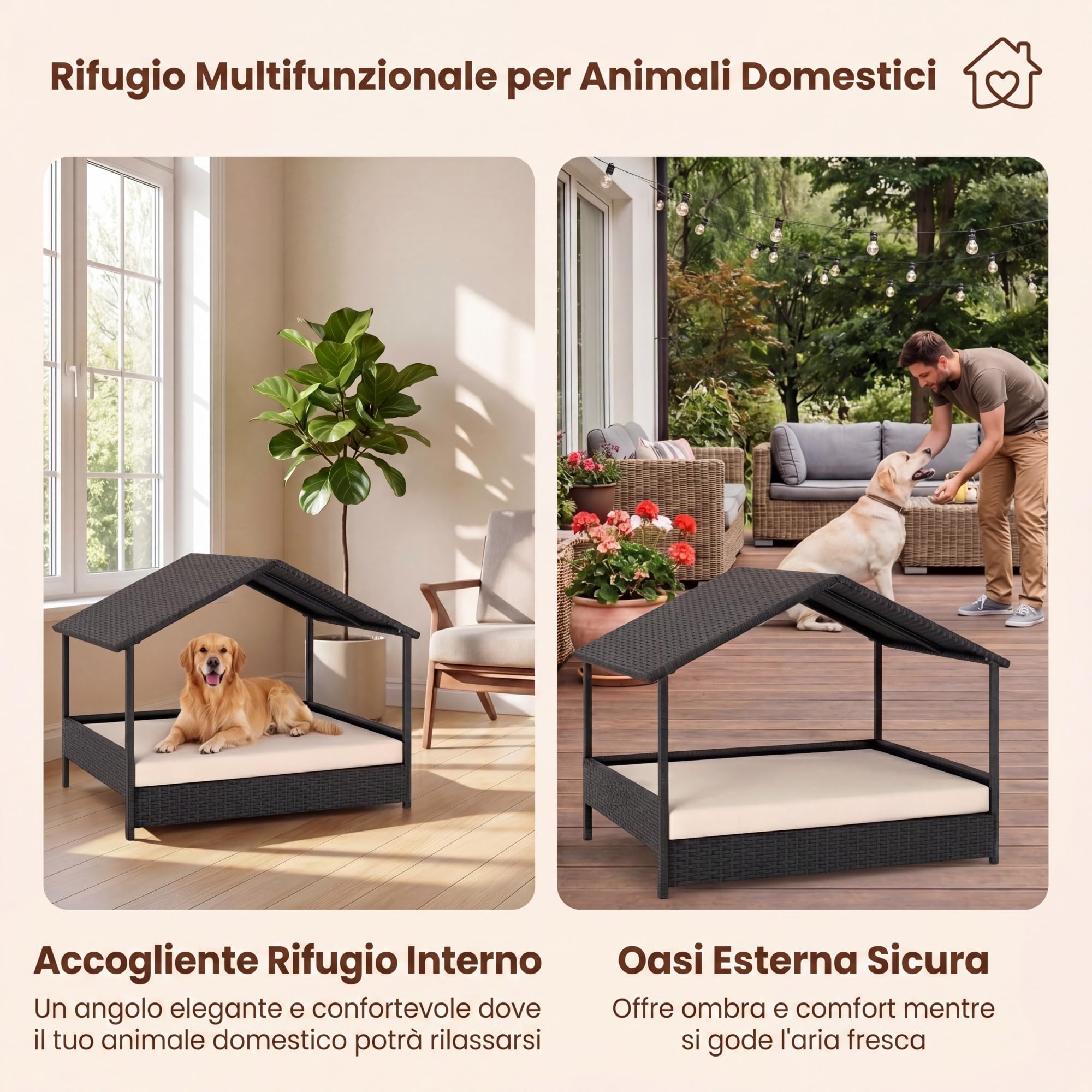 GYMAX Letto per Cane con Cuscino, Cuccia per Cane da Esterno in Rattan PE con Tetto a Spiovente e Base Rialzata, Ventilata & Impermeabile, per Esterno & Interno, 98 x 68 x 74 cm (Beige)